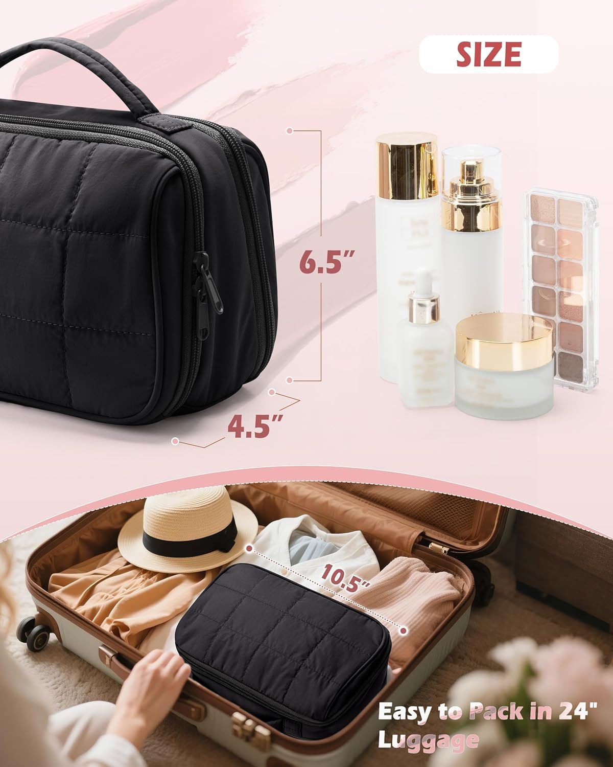 Custom Logo Travel Makeup Bag for Women Puffy Cosmetics Organizer with Waterproof Pockets Private Label Toiletry Pouch for Makeup Brushes Skincare & Travel Essentials Black (Bag Only) from Factory