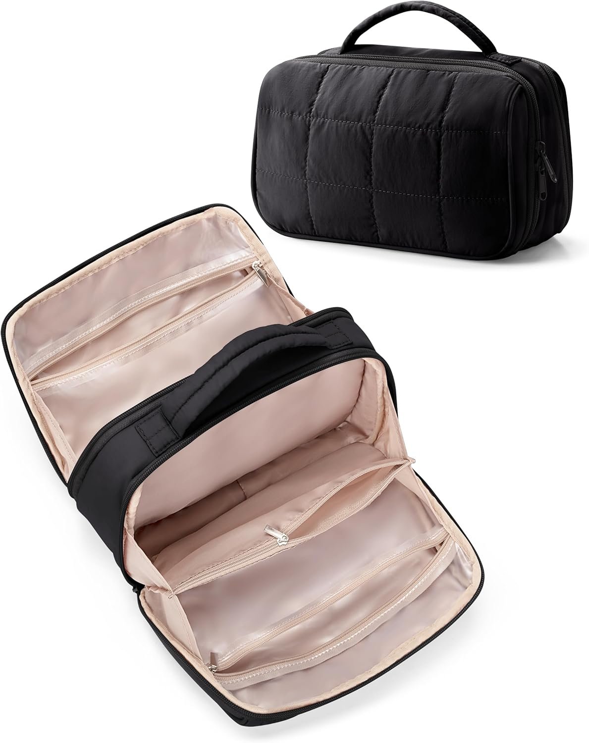 Travel Makeup Bag for Women, Puffy Cosmetics Organizer with Waterproof Pockets, Toiletry Pouch for Makeup Brushes, Skincare & Travel Essentials, Black (Bag Only)