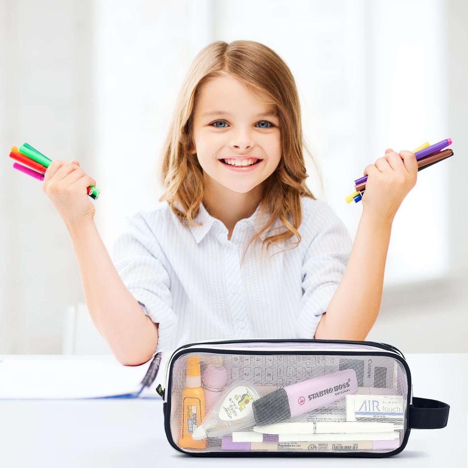 Private Label Large Grid Mesh Pencil Case 2 Compartments Clear Zipper Pen Pouch Custom Logo Multifunctional Transparent Stationery Bag for School College Office Teens Makeup Travel Manufacturer Black