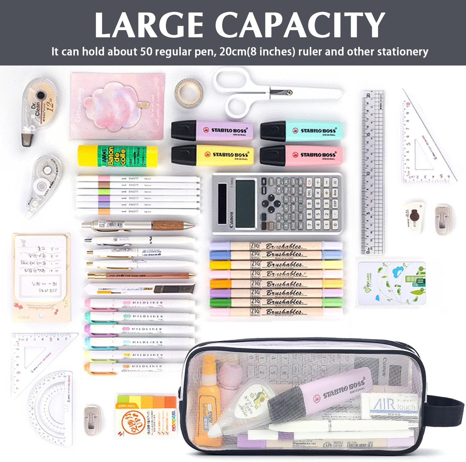 Private Label Large Grid Mesh Pencil Case 2 Compartments Clear Zipper Pen Pouch Custom Logo Multifunctional Transparent Stationery Bag for School College Office Teens Makeup Travel Manufacturer Black