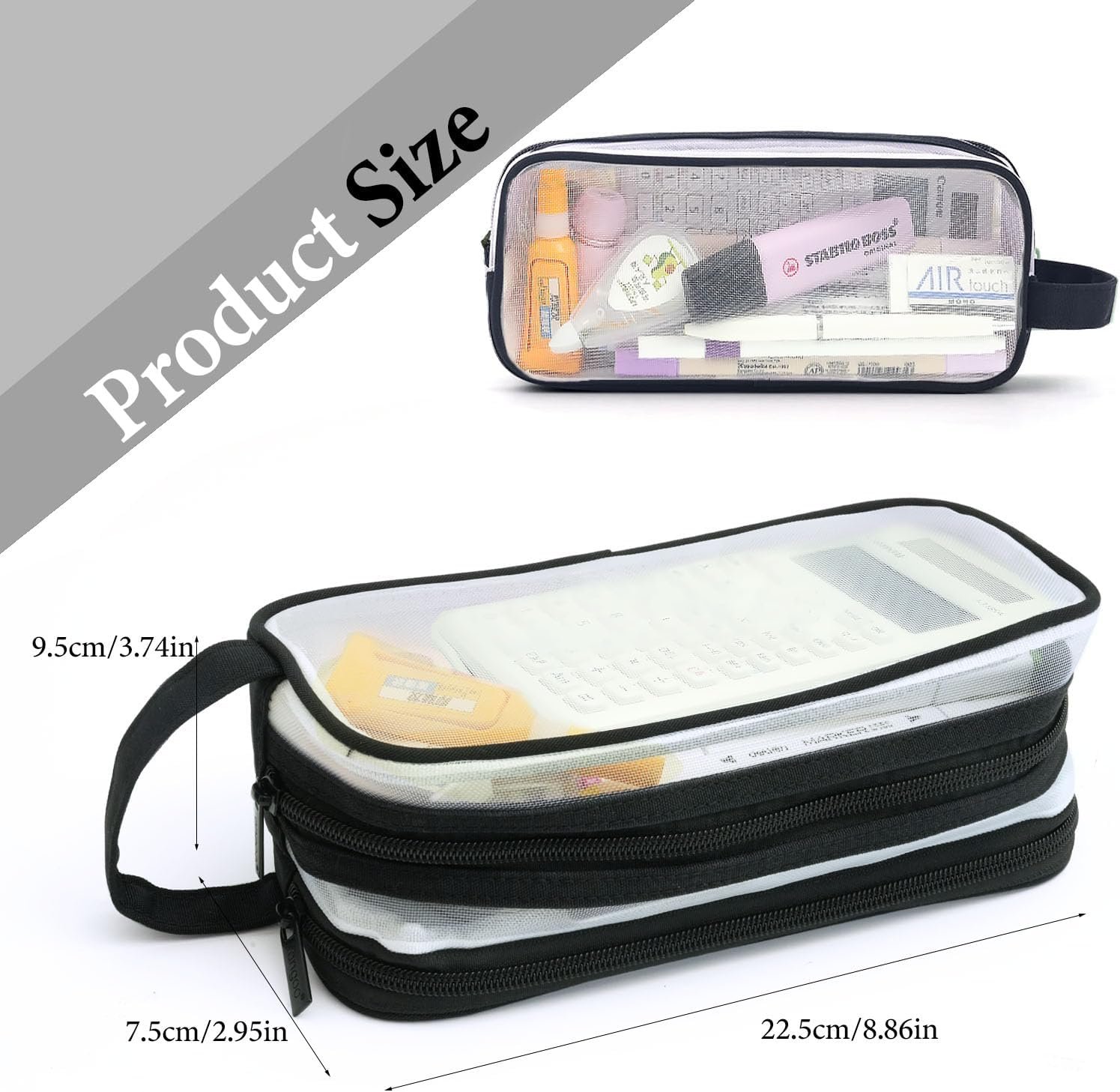 Private Label Large Grid Mesh Pencil Case 2 Compartments Clear Zipper Pen Pouch Custom Logo Multifunctional Transparent Stationery Bag for School College Office Teens Makeup Travel Manufacturer Black