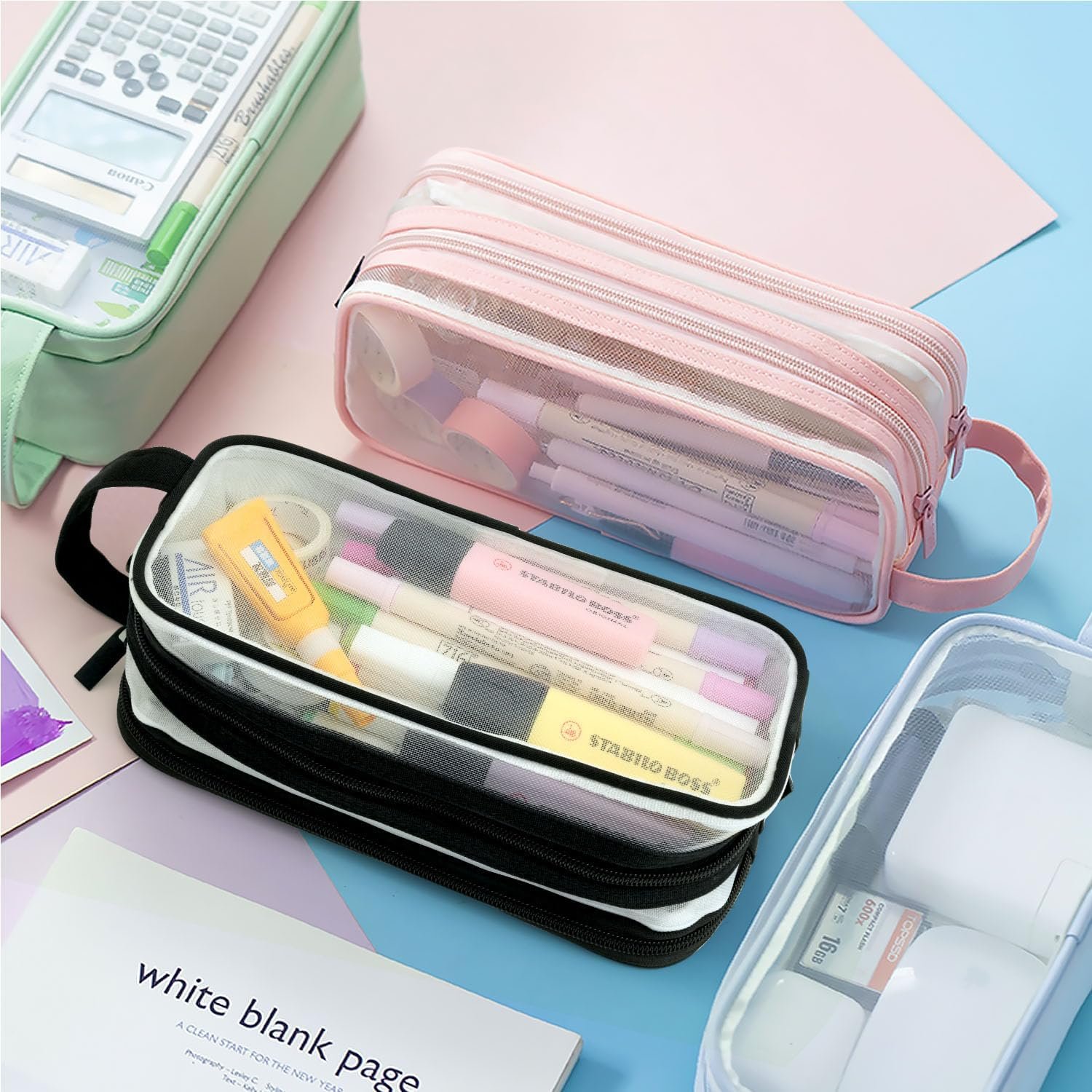 Private Label Large Grid Mesh Pencil Case 2 Compartments Clear Zipper Pen Pouch Custom Logo Multifunctional Transparent Stationery Bag for School College Office Teens Makeup Travel Manufacturer Black