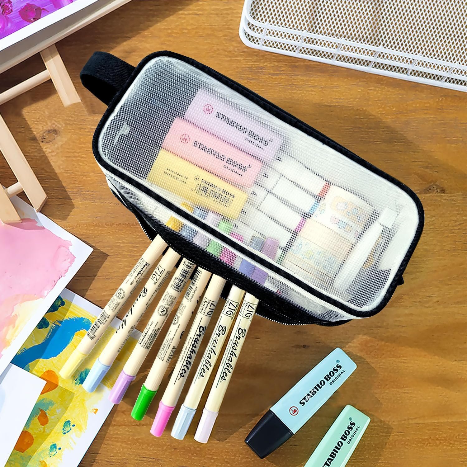 Private Label Large Grid Mesh Pencil Case 2 Compartments Clear Zipper Pen Pouch Custom Logo Multifunctional Transparent Stationery Bag for School College Office Teens Makeup Travel Manufacturer Black