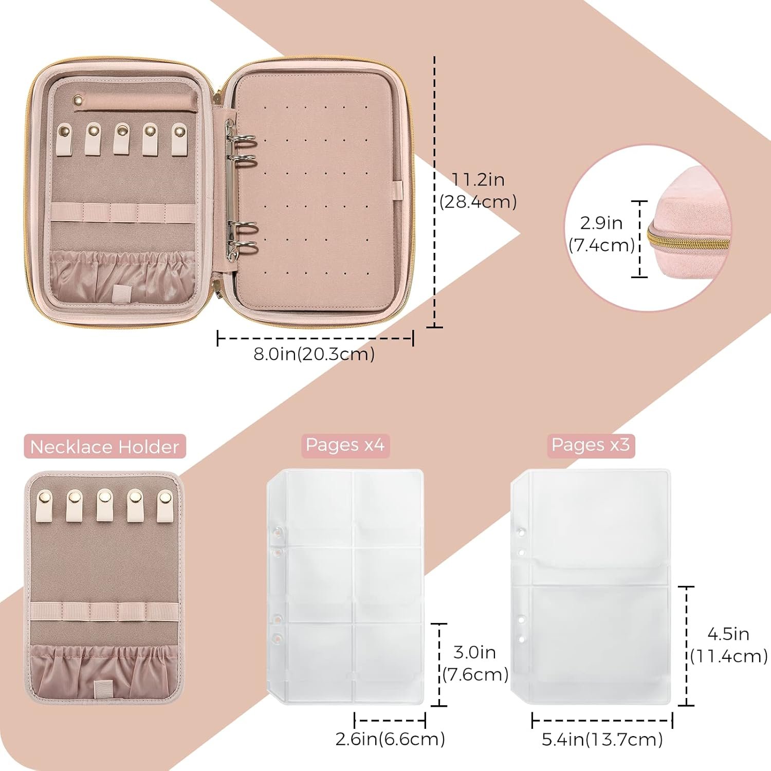 Private Label Large Travel Jewelry Organizer Case Ring Binder with Custom Logo Clear Pockets for Presentation Home Storage Supplier Zippered Pouch Bag for Earrings Necklaces Bracelets Pink