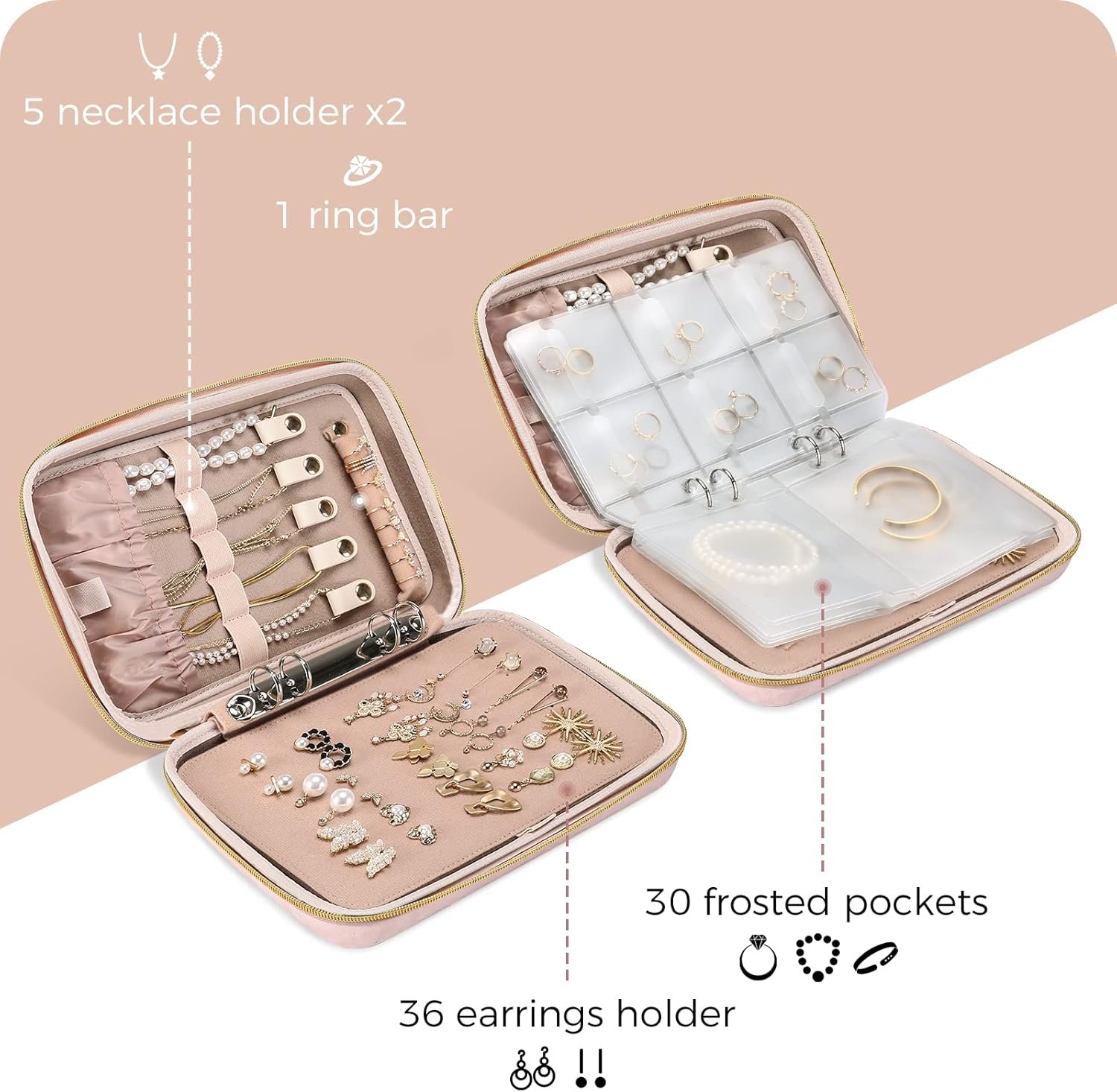 Private Label Large Travel Jewelry Organizer Case Ring Binder with Custom Logo Clear Pockets for Presentation Home Storage Supplier Zippered Pouch Bag for Earrings Necklaces Bracelets Pink
