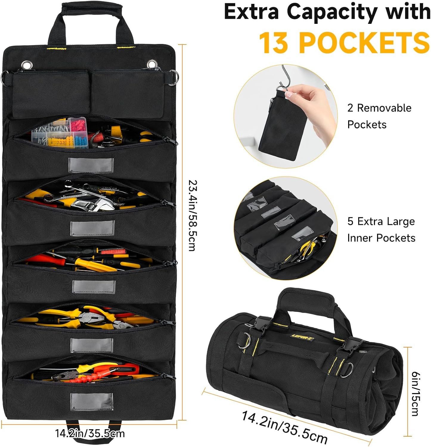 Private Label Large Roll Up Tool Bag Organizer 13 Pockets Custom Logo Tool Roll Storage Pouch Heavy Duty Portable Tool Carrier Bag for Mechanics Electricians Black Manufacturer