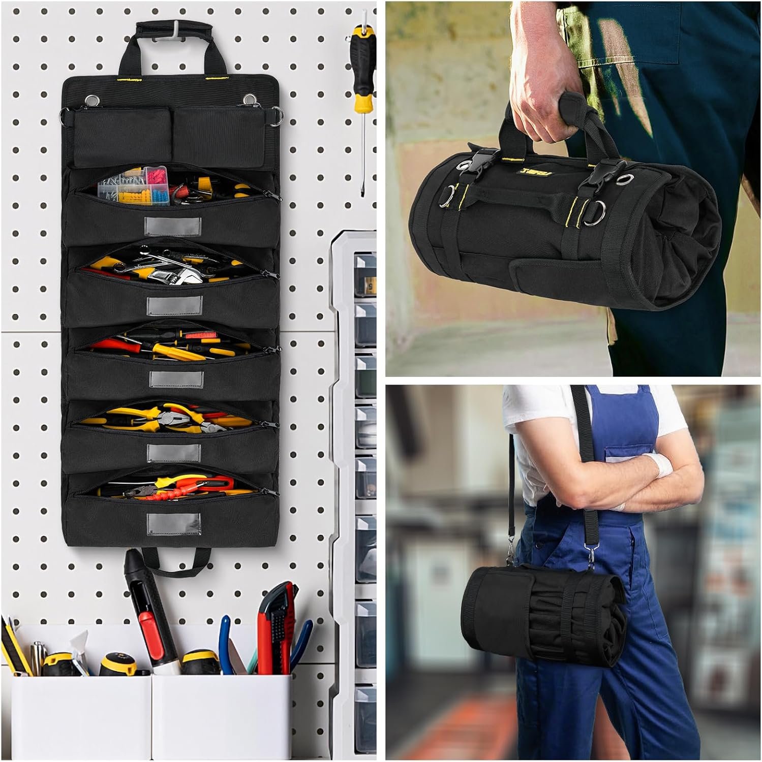 Private Label Large Roll Up Tool Bag Organizer 13 Pockets Custom Logo Tool Roll Storage Pouch Heavy Duty Portable Tool Carrier Bag for Mechanics Electricians Black Manufacturer