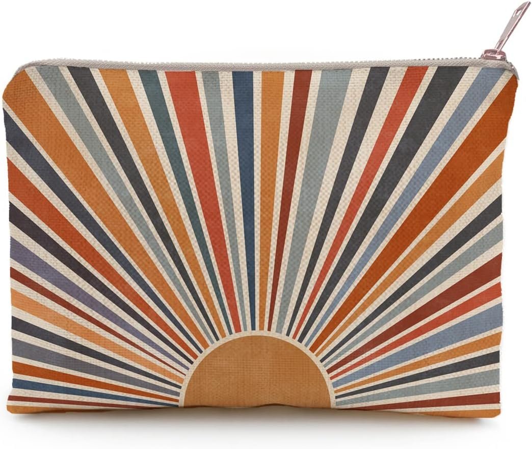 Sunshine Makeup Bag, Natural Linen, Zipper Pouch, Retro Makeup Bag, Tech Accessory Bag, Best Friend Gift, Art or Journaling Pouch, Gift For Her