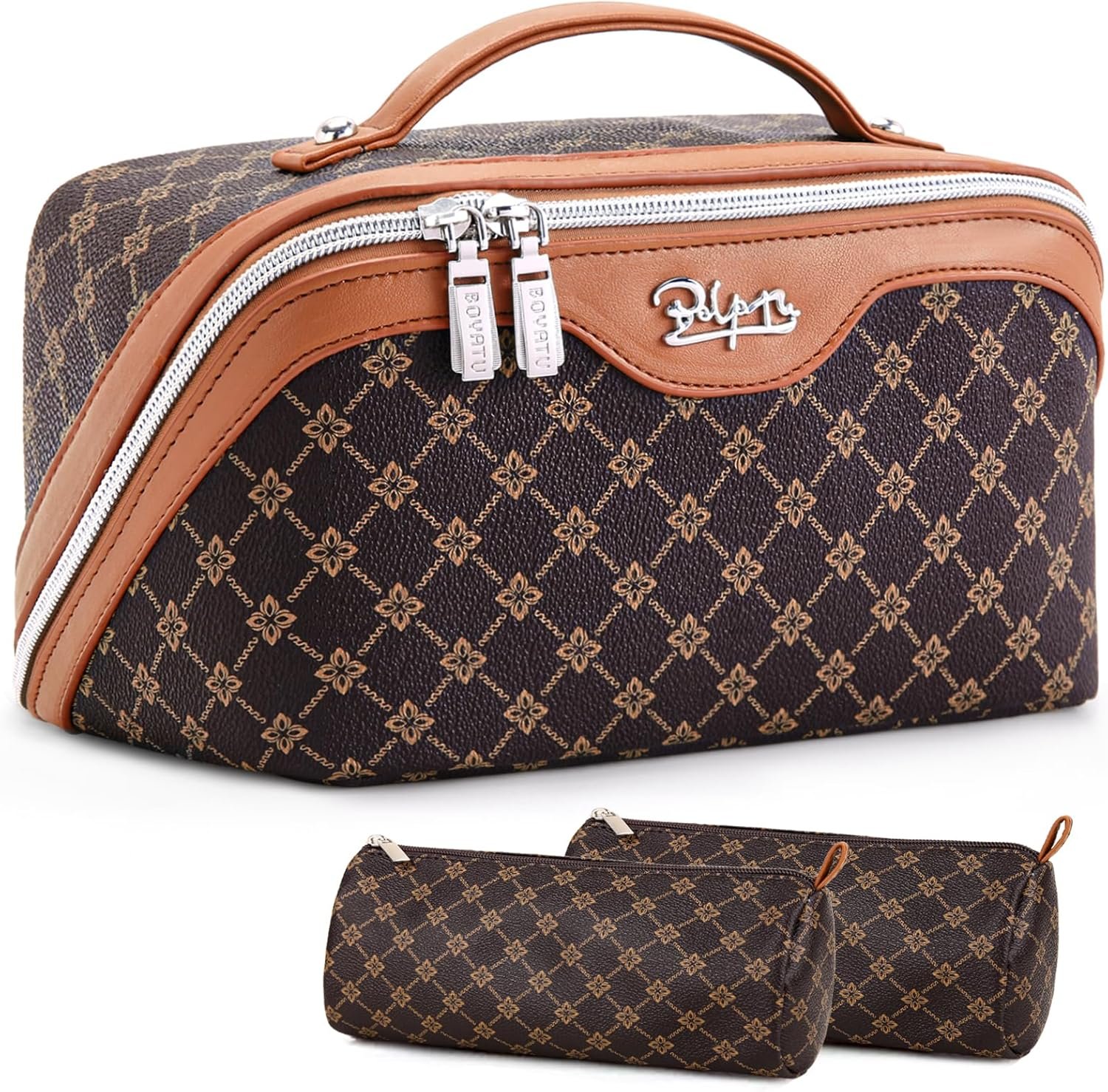 BOYATU Travel Makeup Bag Cosmetic Bags for Women: 3 Pcs Set Large Portable Make up Bag with Handle - Vegan Leather Toiletry Bags with Compartments - Makeup Organizer for Travel Essentials(A-1-Coffee)