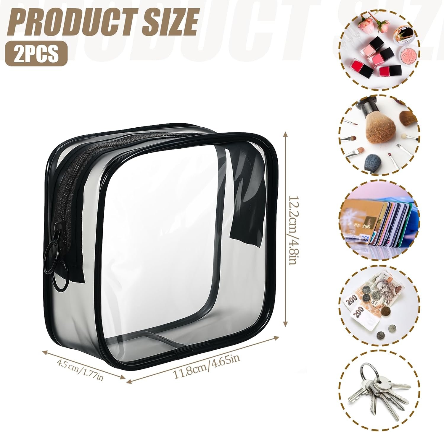 Private Label 2 Pcs Small Clear Mini Makeup Zipper Pouches Black Cosmetic Bags Coin Purses for Travel Essentials Custom Logo Manufacturer