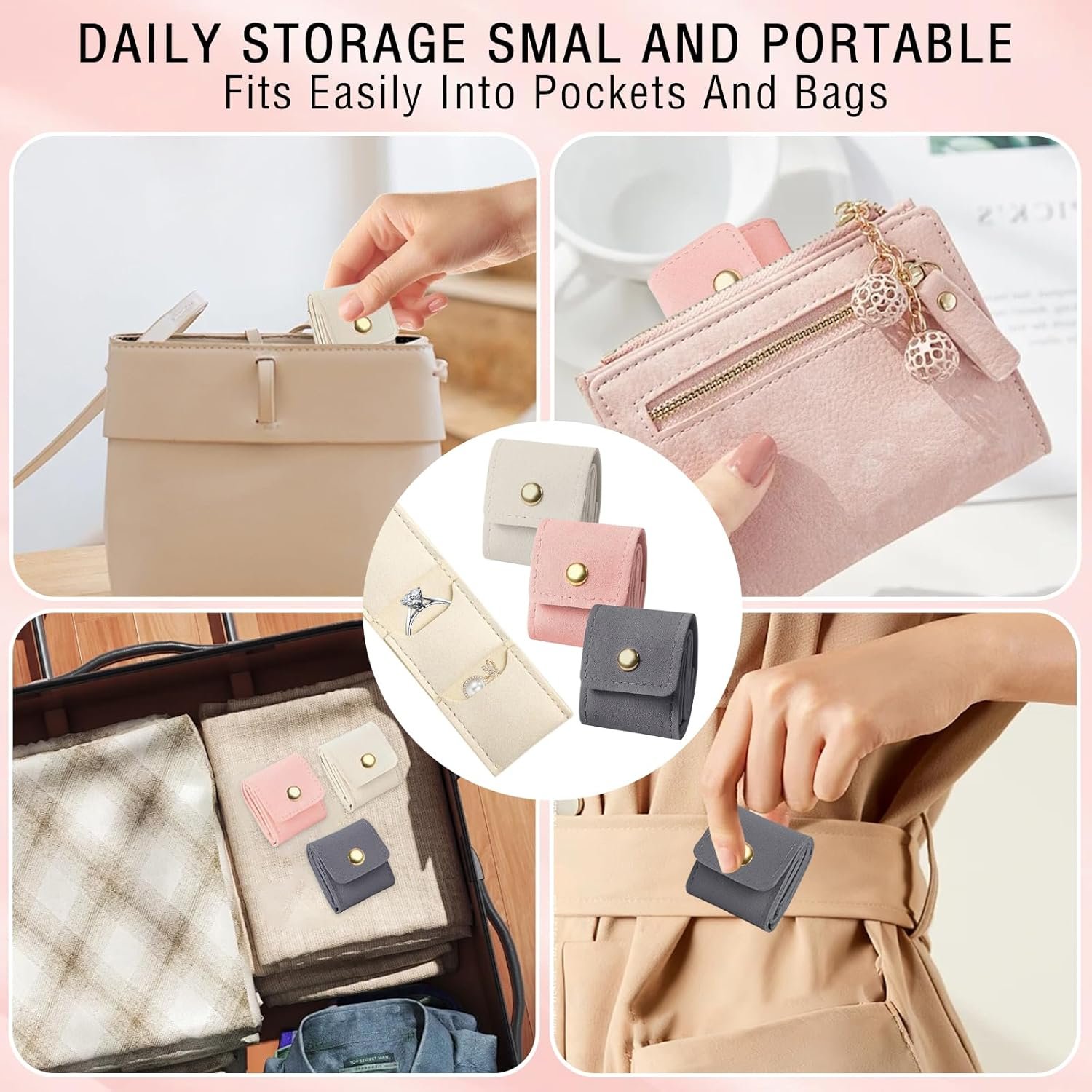 Private Label 3PCS Mini Travel Jewelry Bag with Buckle Custom Logo Foldable Jewelry Organizer Roll Multifunctional Small Travel Jewelry Pouch Supplier for Earrings Necklace Ring Chain Bracelet Brooches