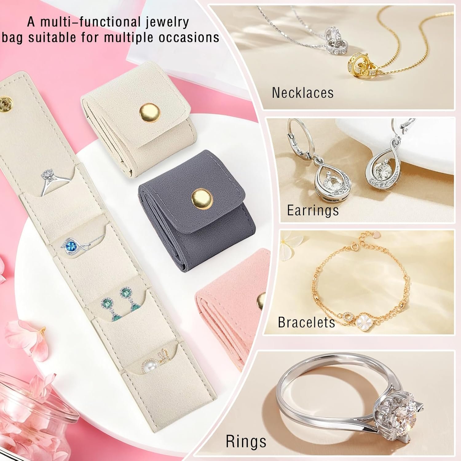 Private Label 3PCS Mini Travel Jewelry Bag with Buckle Custom Logo Foldable Jewelry Organizer Roll Multifunctional Small Travel Jewelry Pouch Supplier for Earrings Necklace Ring Chain Bracelet Brooches