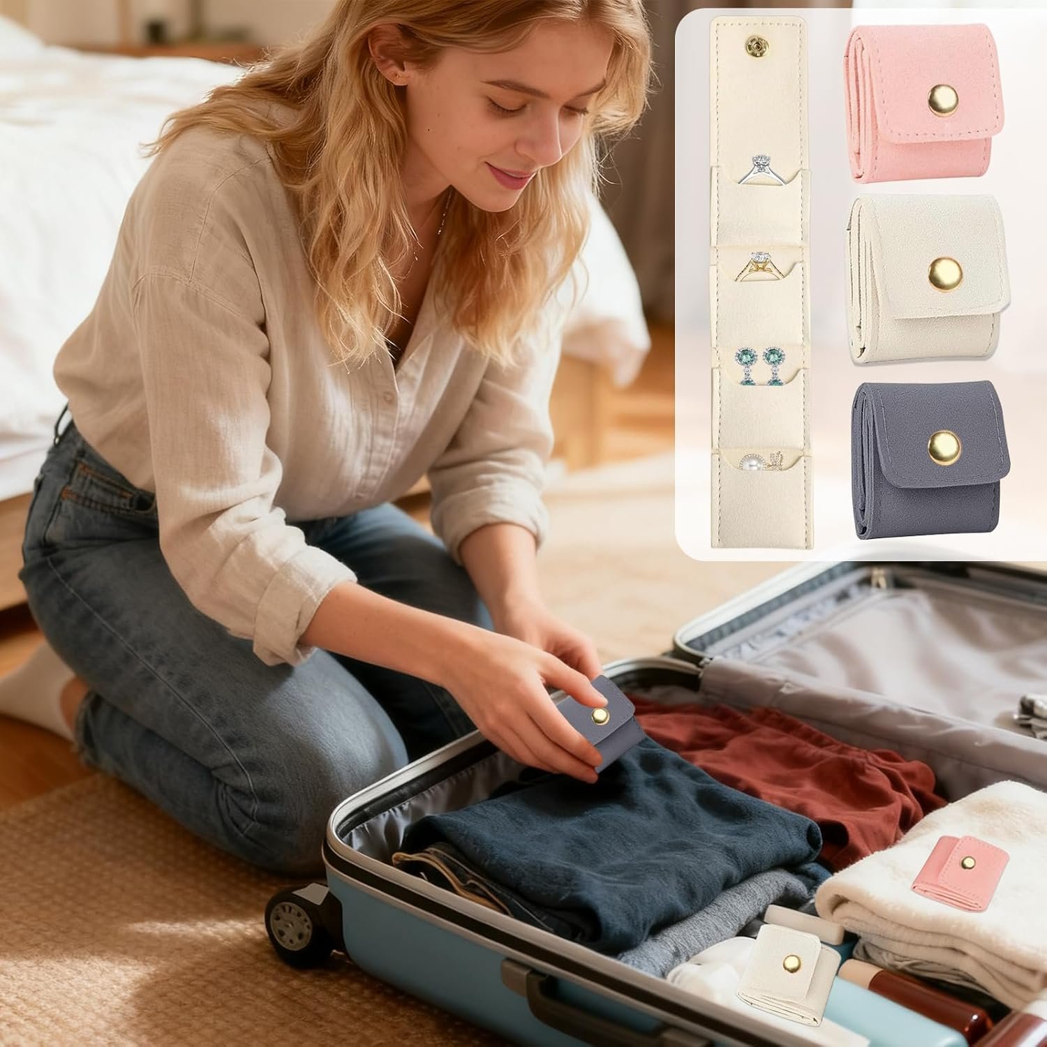 Private Label 3PCS Mini Travel Jewelry Bag with Buckle Custom Logo Foldable Jewelry Organizer Roll Multifunctional Small Travel Jewelry Pouch Supplier for Earrings Necklace Ring Chain Bracelet Brooches