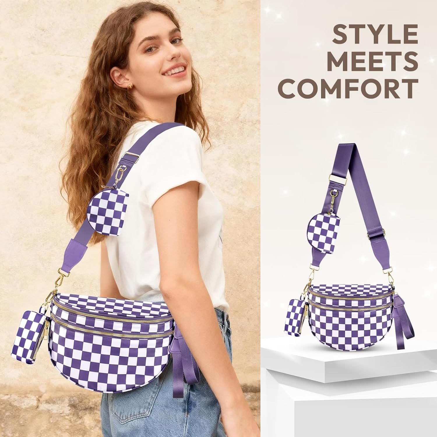 Private Label Cross Body Bag for Women Checkered Crossbody Fanny Packs Small Nylon Bum Bags Custom Logo Trendy Shoulder Purse Checkered Purple One Size Factory