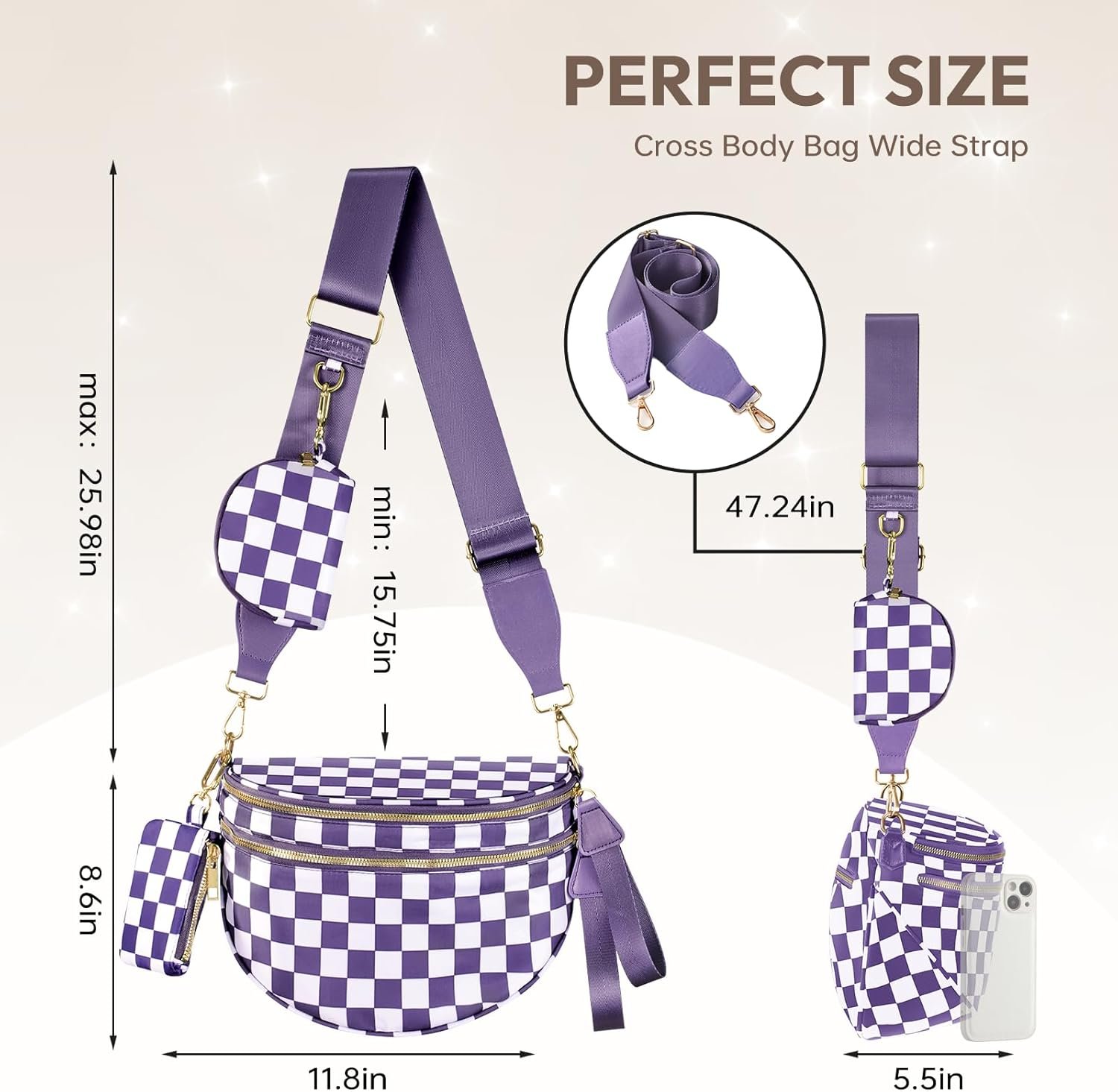 Private Label Cross Body Bag for Women Checkered Crossbody Fanny Packs Small Nylon Bum Bags Custom Logo Trendy Shoulder Purse Checkered Purple One Size Factory