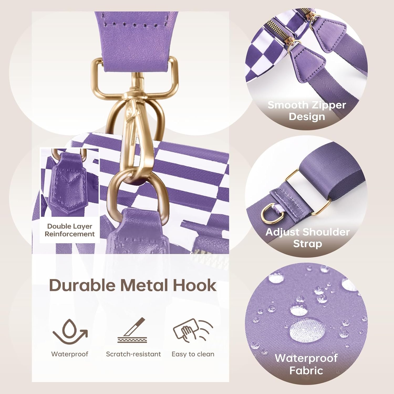 Private Label Cross Body Bag for Women Checkered Crossbody Fanny Packs Small Nylon Bum Bags Custom Logo Trendy Shoulder Purse Checkered Purple One Size Factory