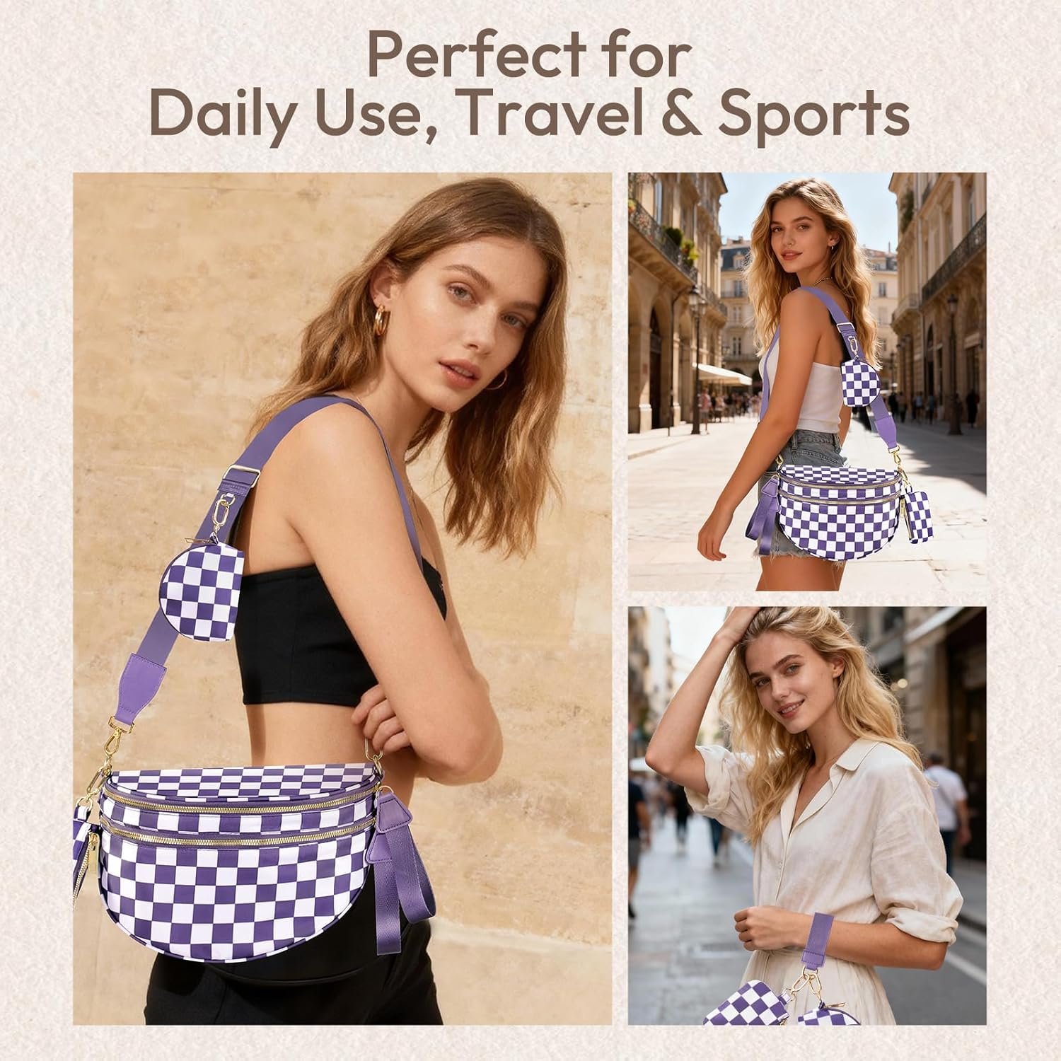 Private Label Cross Body Bag for Women Checkered Crossbody Fanny Packs Small Nylon Bum Bags Custom Logo Trendy Shoulder Purse Checkered Purple One Size Factory
