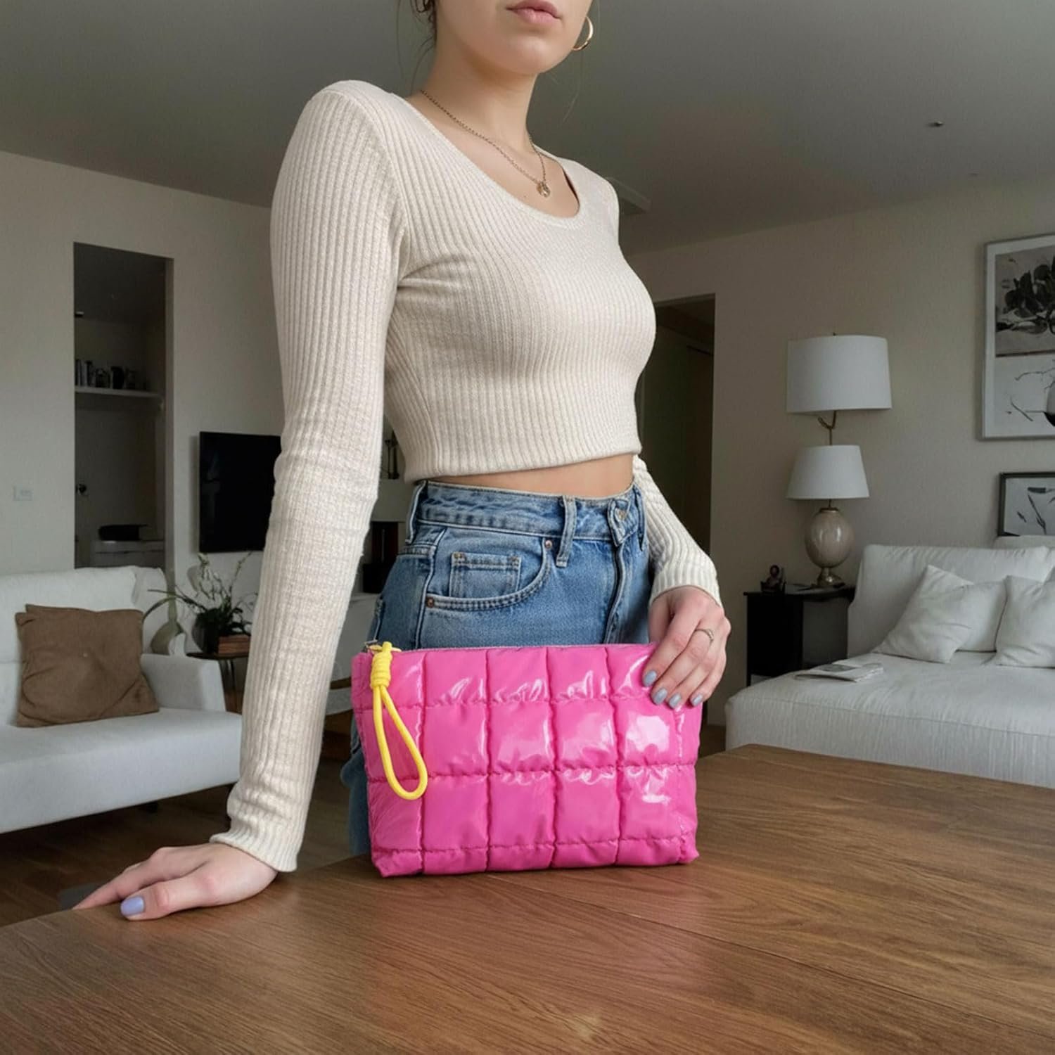 Private Label Puffer Quilted Makeup Bag with Custom Logo Travel Cosmetic Portable Puffy Checkered Toiletry Pouch Skincare Organizer Purse Pencil Case Hot Pink Manufacturer