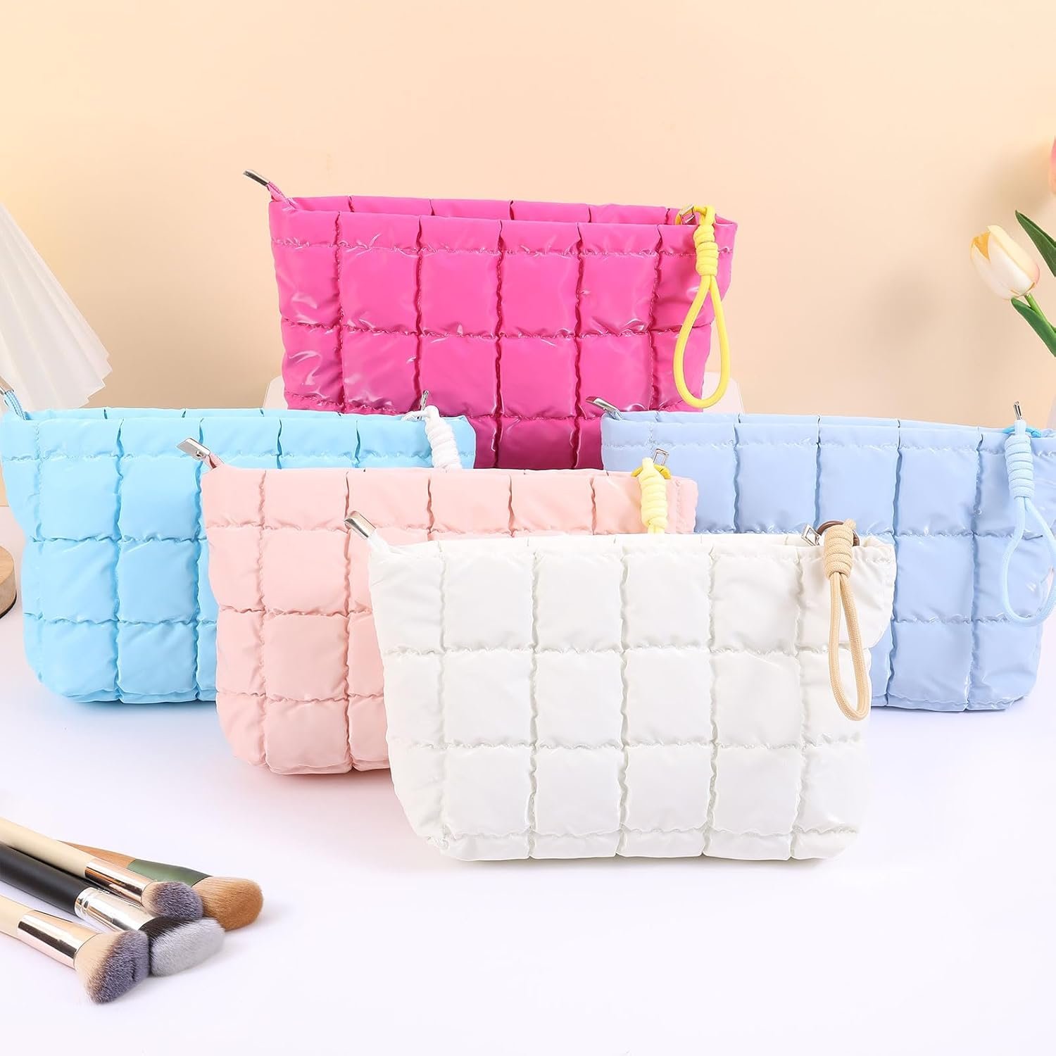 Private Label Puffer Quilted Makeup Bag with Custom Logo Travel Cosmetic Portable Puffy Checkered Toiletry Pouch Skincare Organizer Purse Pencil Case Hot Pink Manufacturer