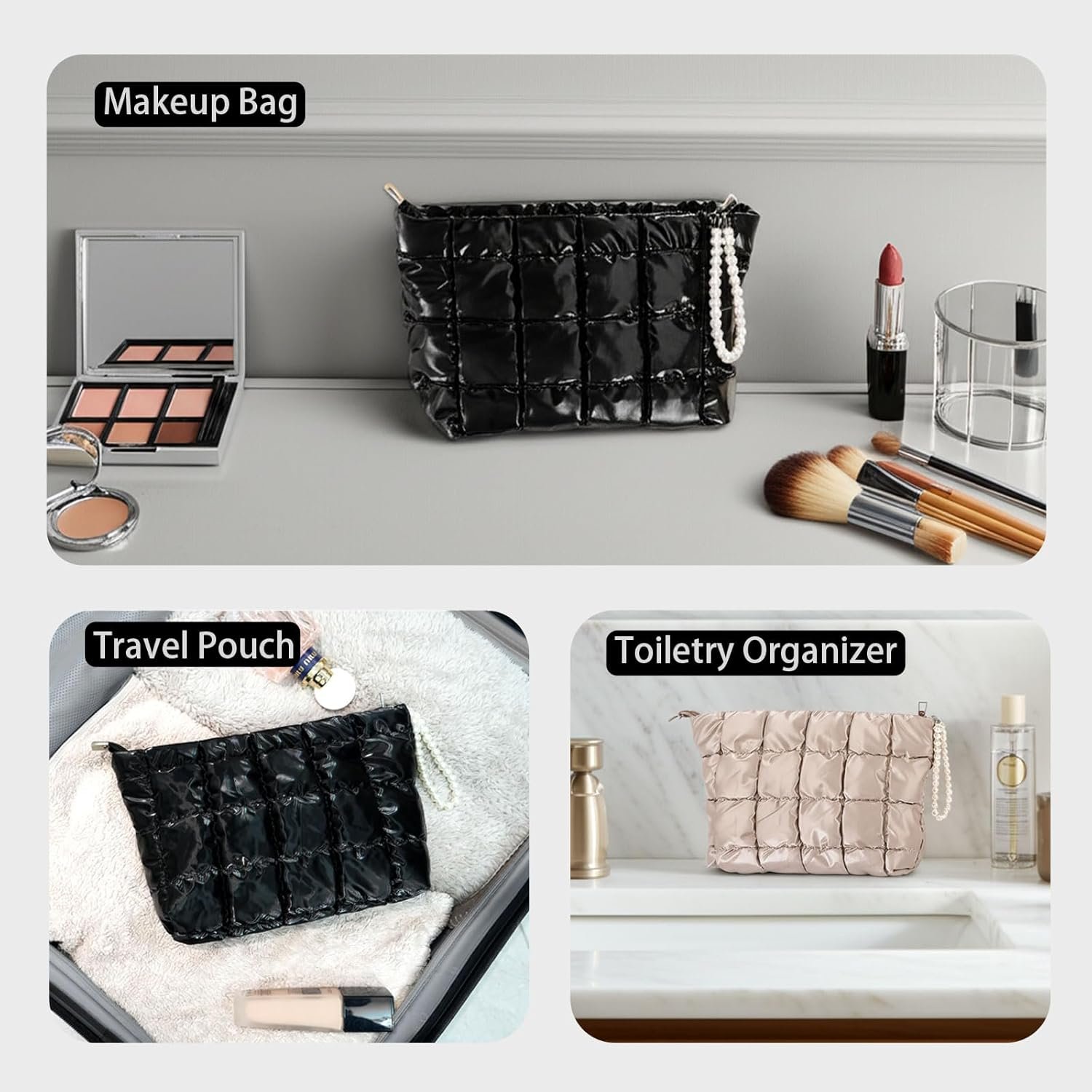 Private Label Puffer Quilted Makeup Bag with Custom Logo Travel Cosmetic Portable Puffy Checkered Toiletry Pouch Skincare Organizer Purse Pencil Case Hot Pink Manufacturer