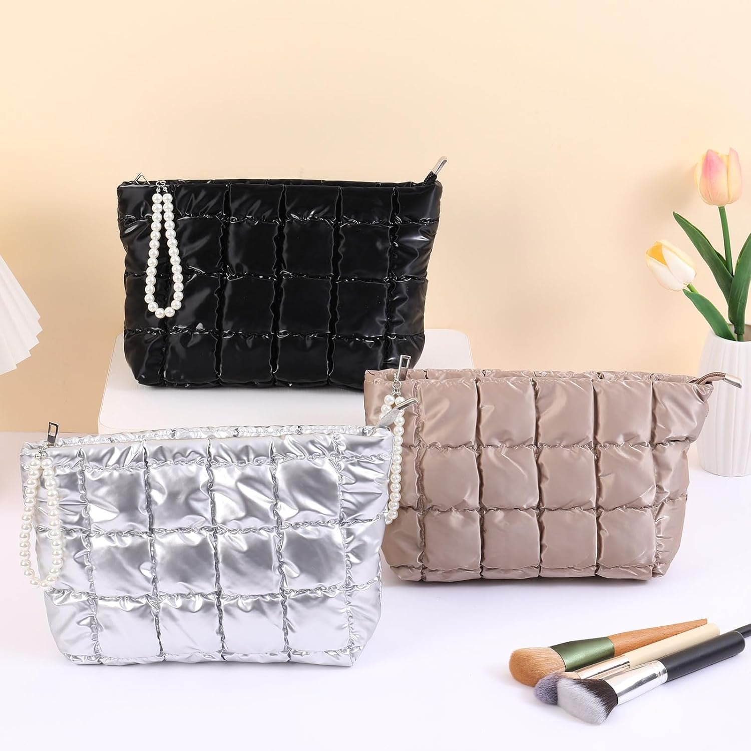 Private Label Puffer Quilted Makeup Bag with Custom Logo Travel Cosmetic Portable Puffy Checkered Toiletry Pouch Skincare Organizer Purse Pencil Case Hot Pink Manufacturer