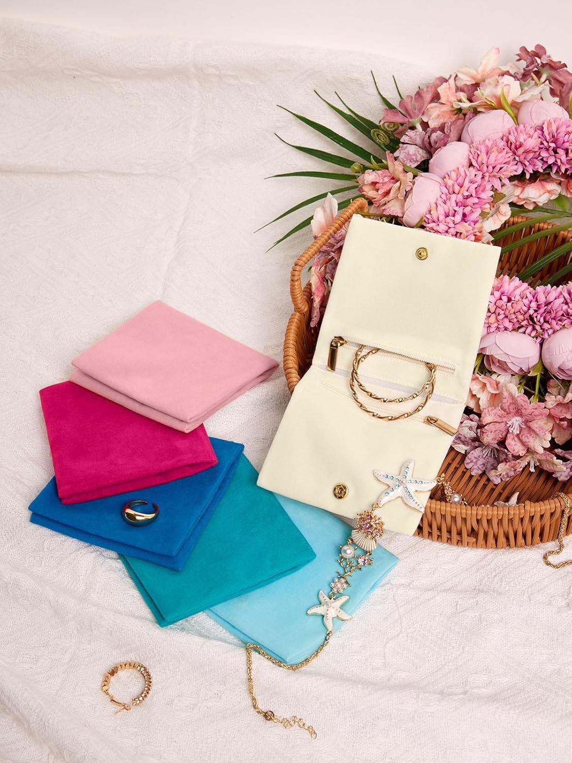 Custom Logo 3Pcs Small Velvet Zipper Jewelry Organizer Bags Private Label with Snap Button Manufacturer for Bracelets Rings Necklaces Earrings Travel 4x4 Pink