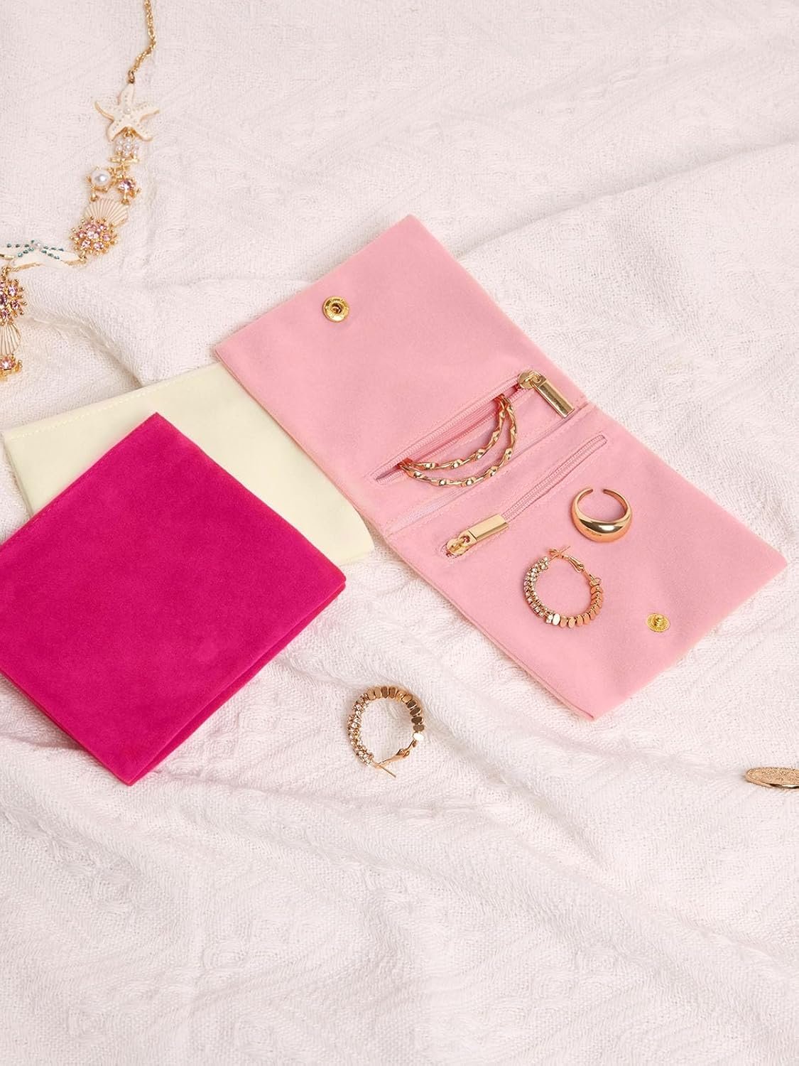 Custom Logo 3Pcs Small Velvet Zipper Jewelry Organizer Bags Private Label with Snap Button Manufacturer for Bracelets Rings Necklaces Earrings Travel 4x4 Pink