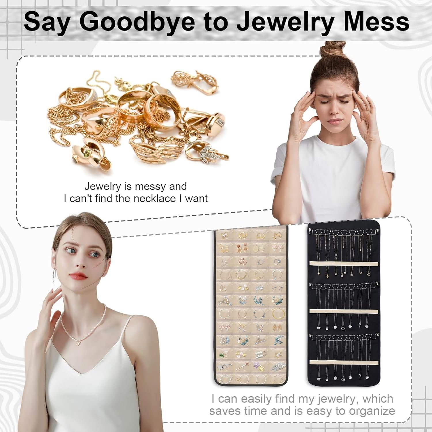 Private Label Double-Sided Hanging Jewelry Organizer Large Black Storage Roll Custom Logo for Earrings Necklaces Rings 48 Pockets 21 Hooks Durable Oxford Fabric for Closet Wall Door Manufacturer