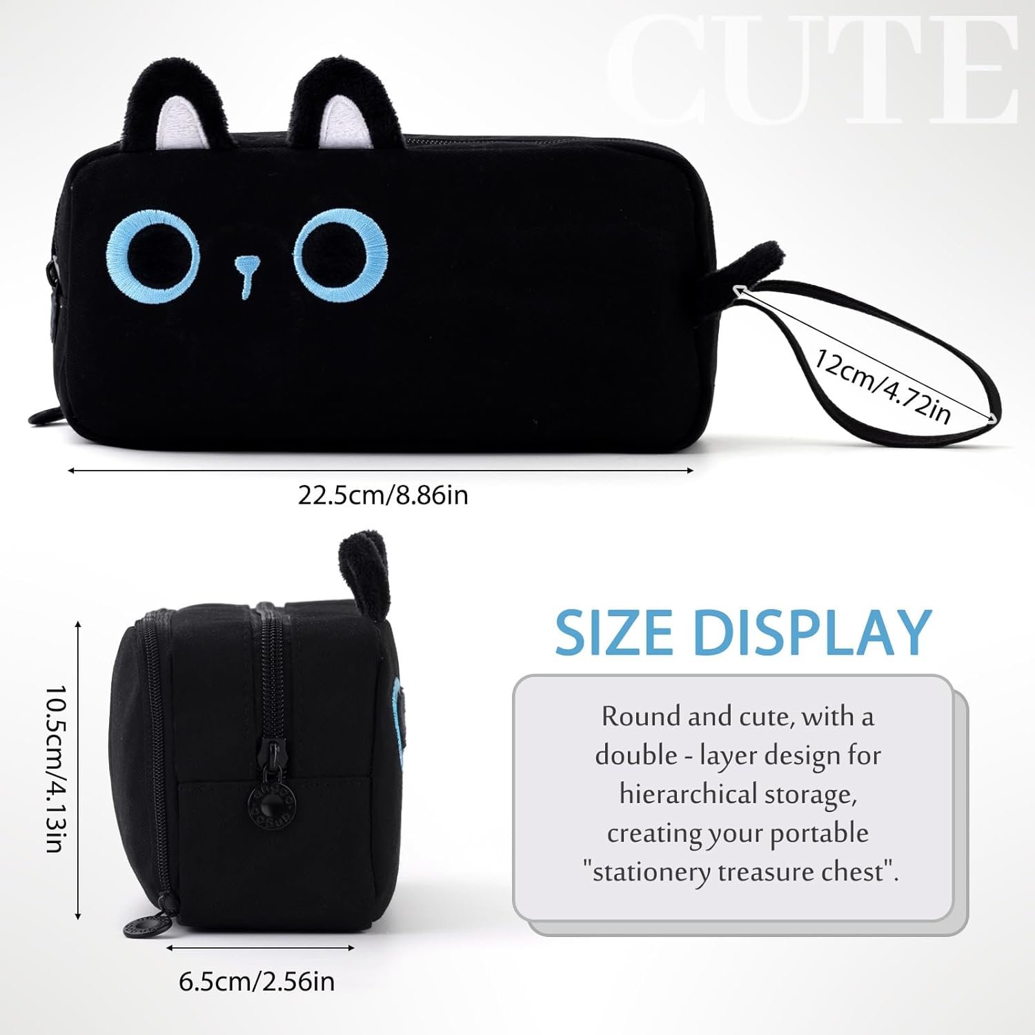 Factory Large Capacity Cartoon Pencil Case, Custom Logo Pen Pouch with Embroidered Animal Design, Private Label School Supplies Bag for Kids Teens Students (Black Cat)