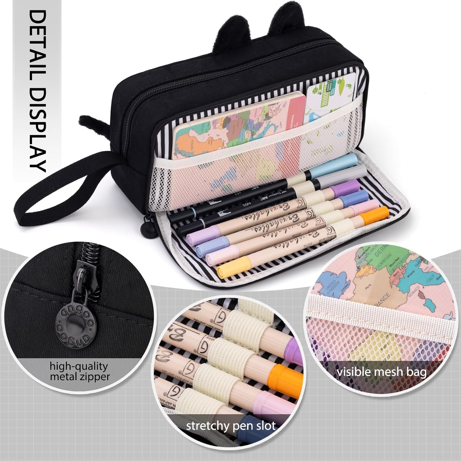 Factory Large Capacity Cartoon Pencil Case, Custom Logo Pen Pouch with Embroidered Animal Design, Private Label School Supplies Bag for Kids Teens Students (Black Cat)