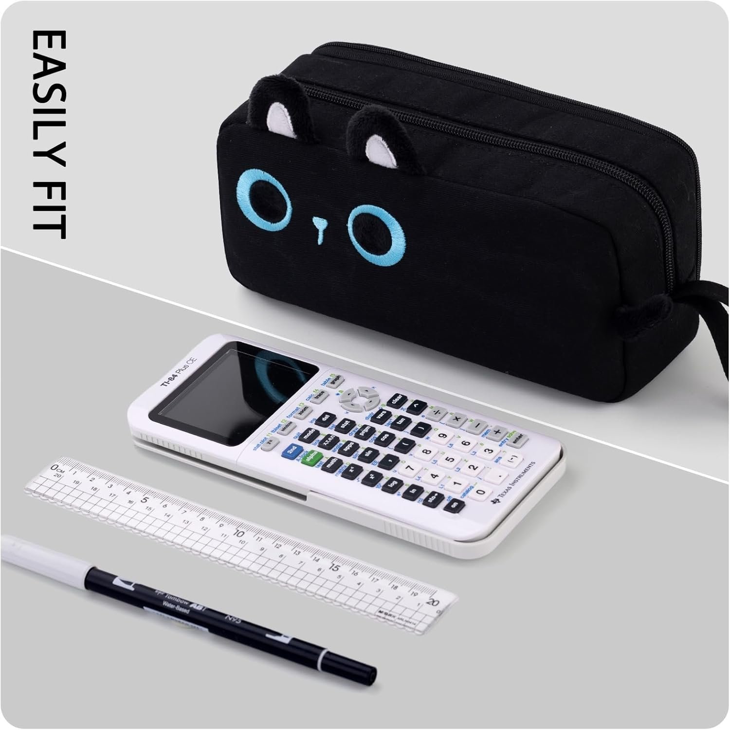 Factory Large Capacity Cartoon Pencil Case, Custom Logo Pen Pouch with Embroidered Animal Design, Private Label School Supplies Bag for Kids Teens Students (Black Cat)