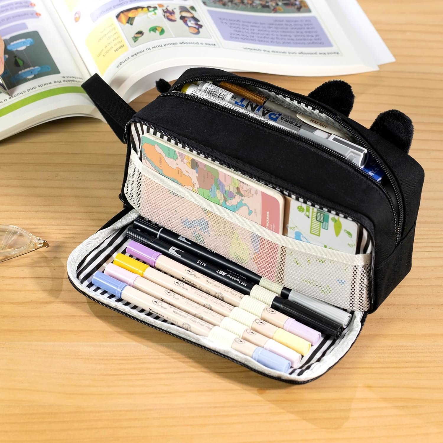 Factory Large Capacity Cartoon Pencil Case, Custom Logo Pen Pouch with Embroidered Animal Design, Private Label School Supplies Bag for Kids Teens Students (Black Cat)