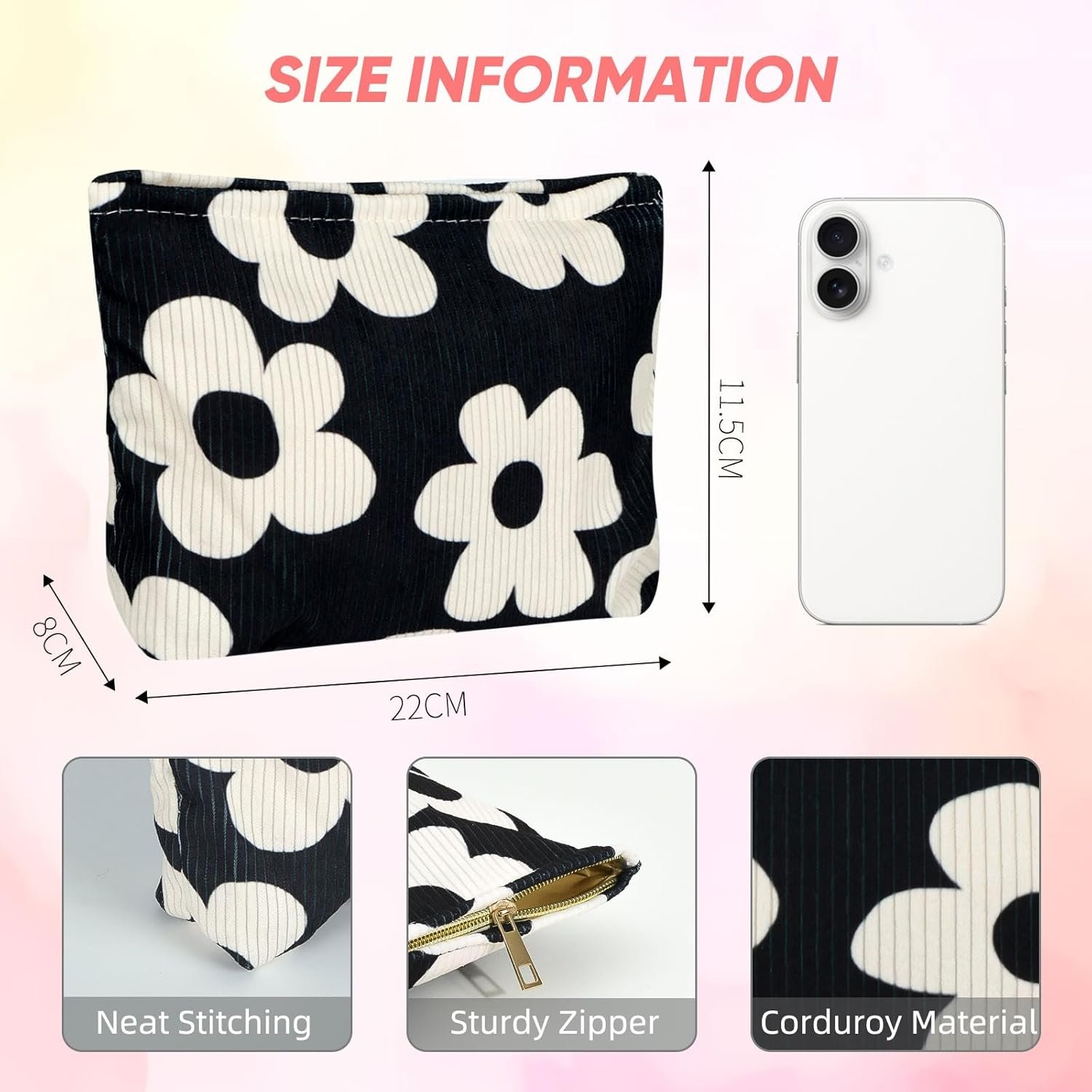 Private Label Small Cute Flower Makeup Pouch Cosmetic Bag for Women Zipper Purse Pouches with Custom Logo Aesthetic Travel Toiletry Bags Black White Floral Manufacturer