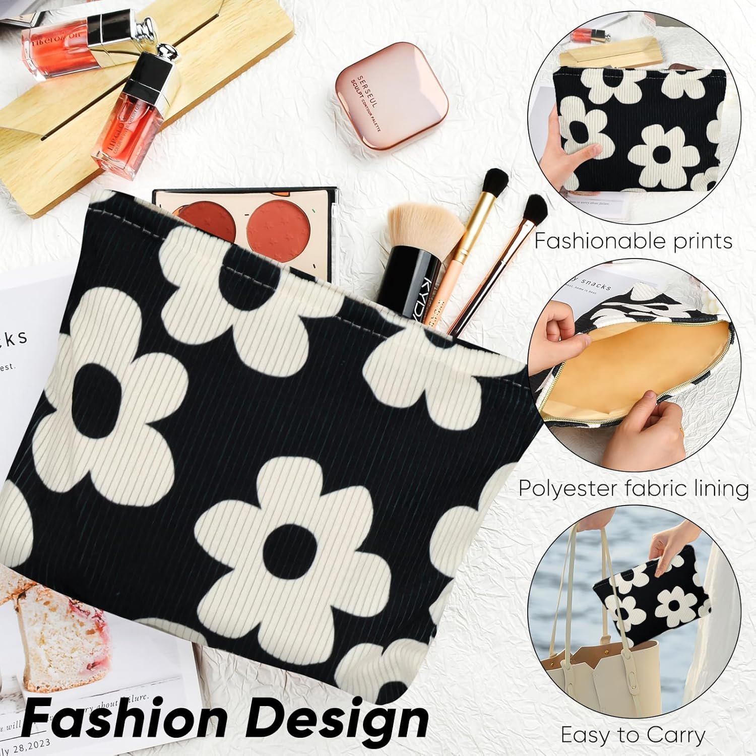 Private Label Small Cute Flower Makeup Pouch Cosmetic Bag for Women Zipper Purse Pouches with Custom Logo Aesthetic Travel Toiletry Bags Black White Floral Manufacturer
