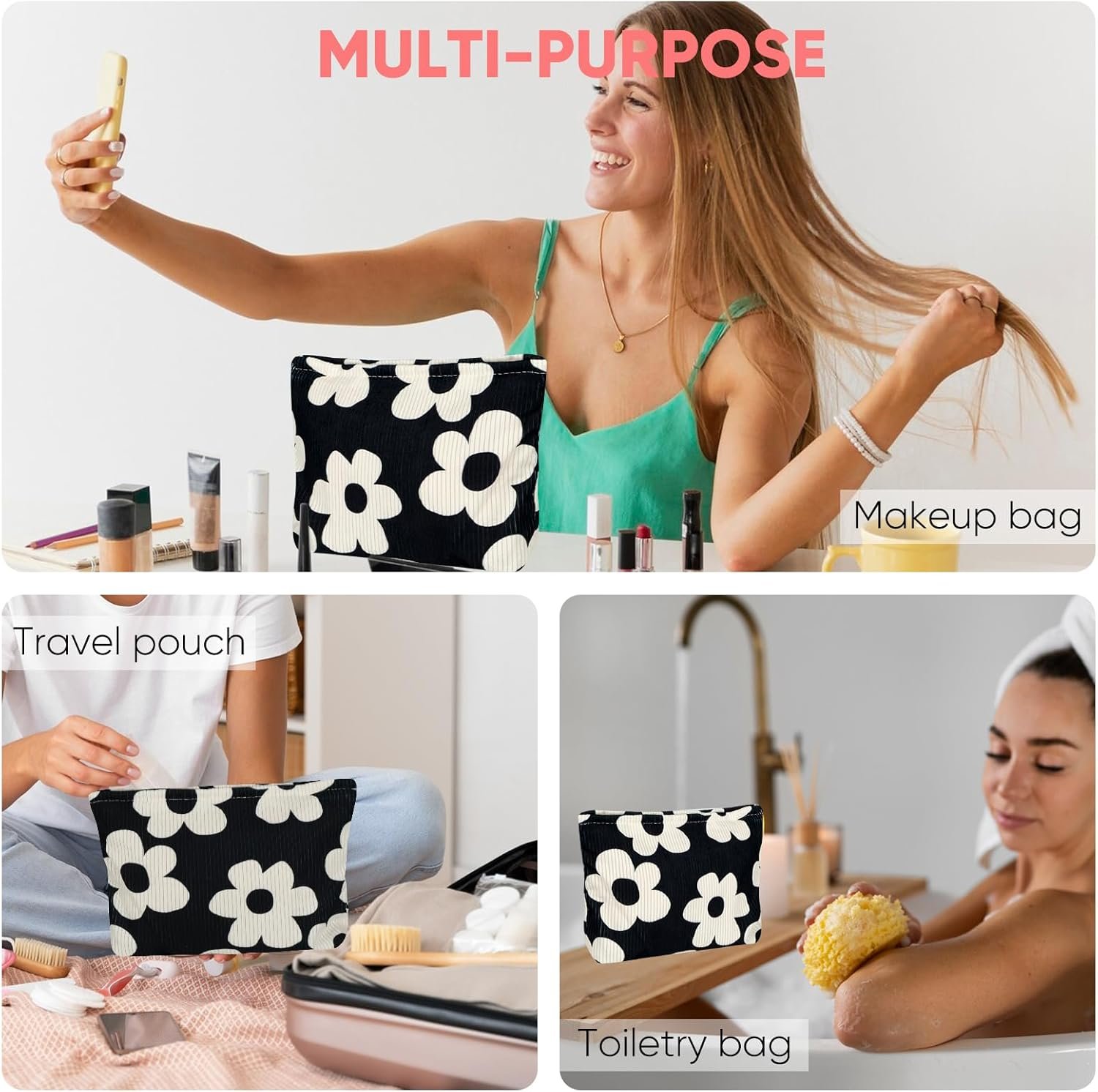 Private Label Small Cute Flower Makeup Pouch Cosmetic Bag for Women Zipper Purse Pouches with Custom Logo Aesthetic Travel Toiletry Bags Black White Floral Manufacturer