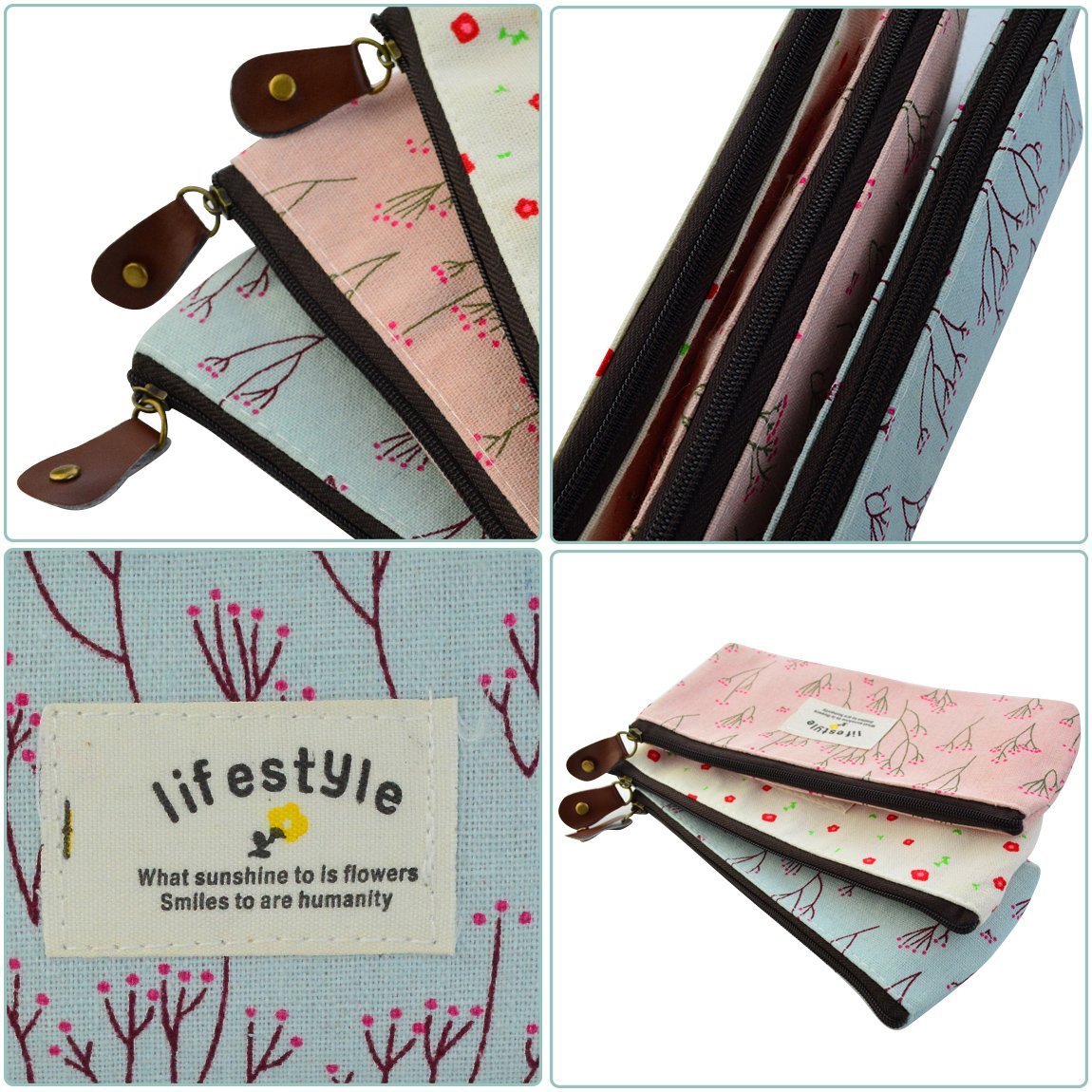 Custom Logo Private Label Supplier of Countryside Floral Pencil Pen Case Cosmetic Makeup Bag Set of 3