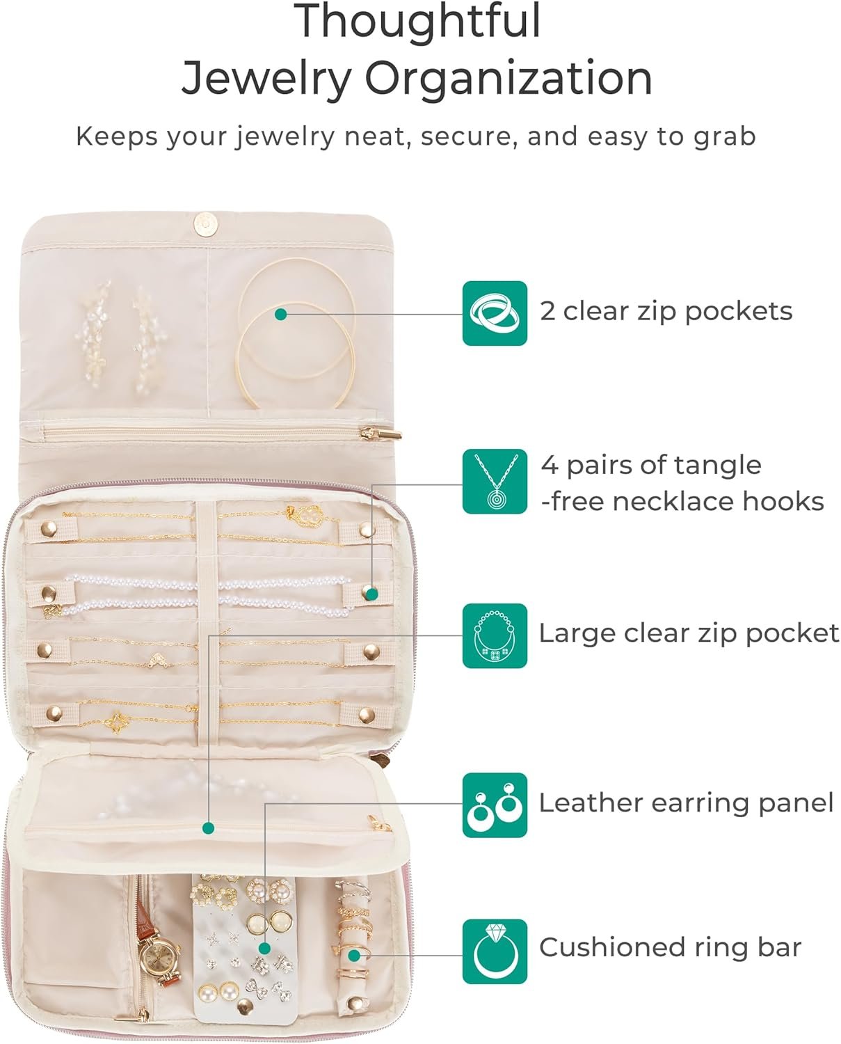 Private Label Travel Jewelry Organizer Case for Women Foldable Custom Logo Jewelry Bag for Earrings Rings Necklaces Bracelets Brooches Pink Manufacturer