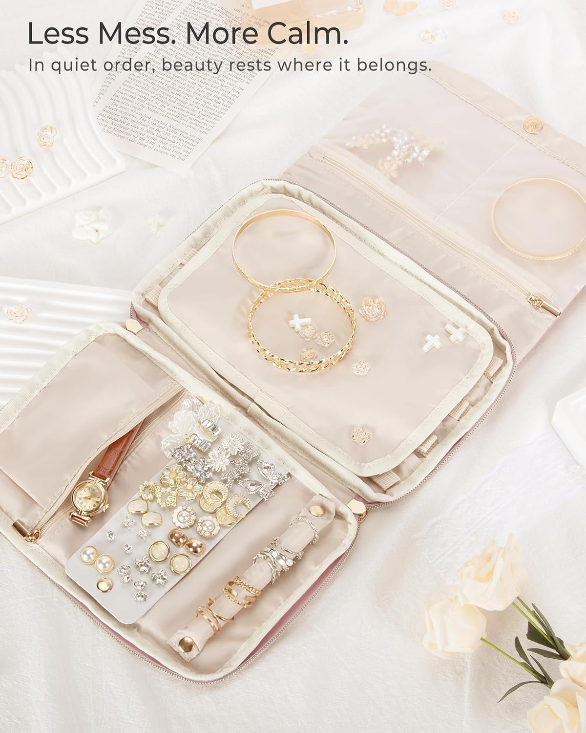 Private Label Travel Jewelry Organizer Case for Women Foldable Custom Logo Jewelry Bag for Earrings Rings Necklaces Bracelets Brooches Pink Manufacturer
