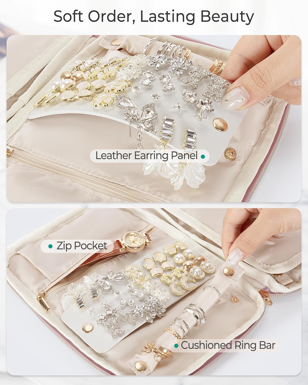 Private Label Travel Jewelry Organizer Case for Women Foldable Custom Logo Jewelry Bag for Earrings Rings Necklaces Bracelets Brooches Pink Manufacturer