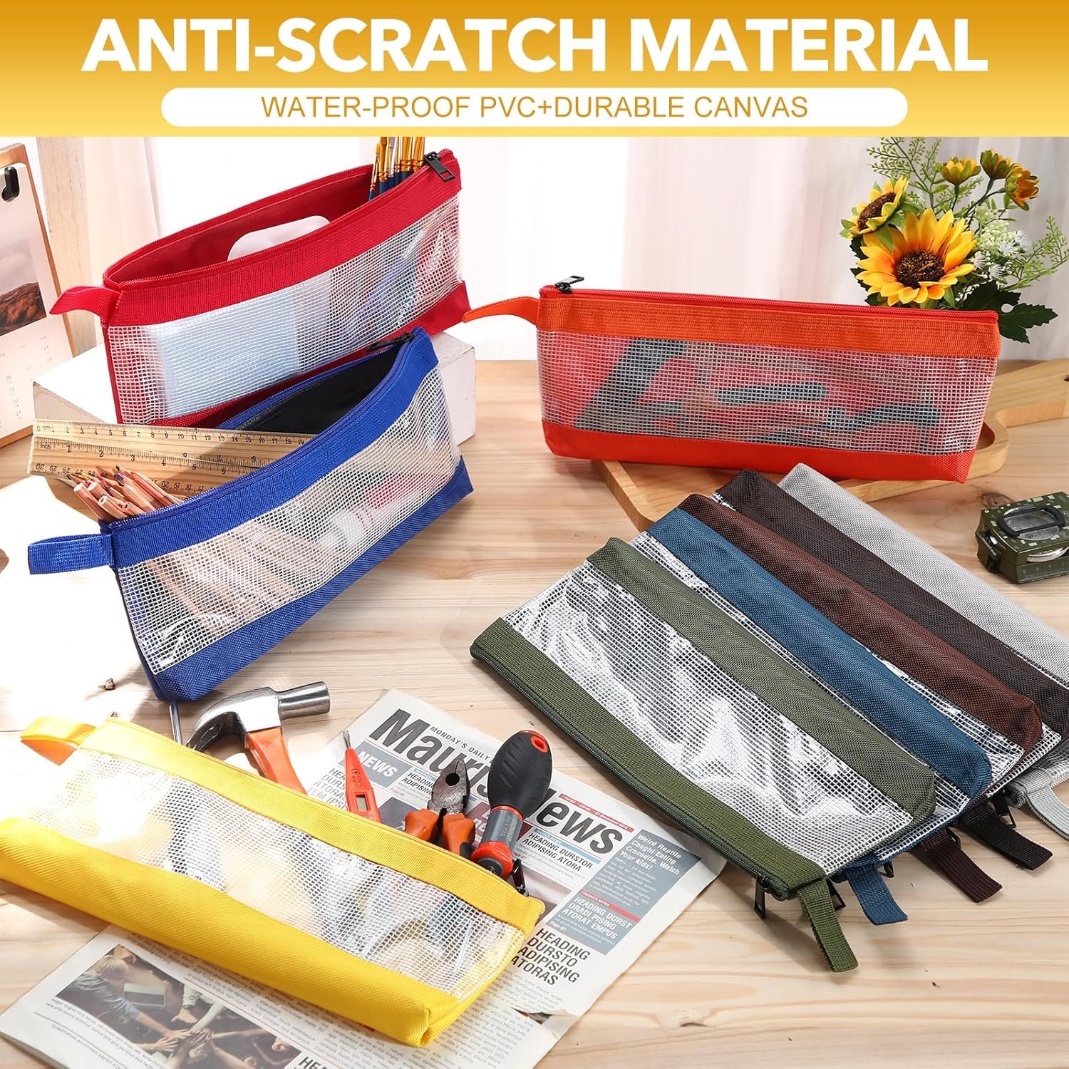 Custom Logo 9 Pcs 12 Inch Zipper 1680D Oxford Tool Pouches Private Label Heavy Duty Waterproof Long Clear Utility Screwdriver Storage Organizer Bags Manufacturer for Travel Accessories Stationery Gadgets