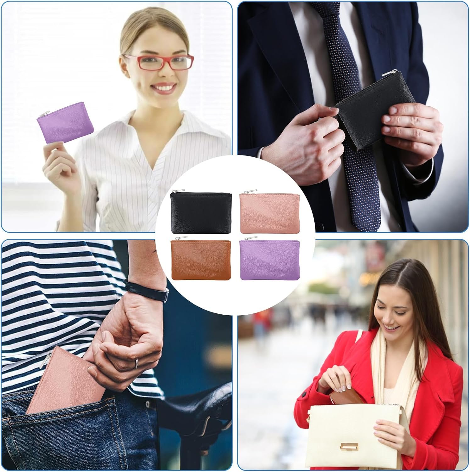 Custom Logo 4 Pack PU Leather Zipper Coin Purse Private Label Mini Portable Change Pouch Holder Supplier for Men Women Headset Credit Card ID Key Lipstick (4 Colors)