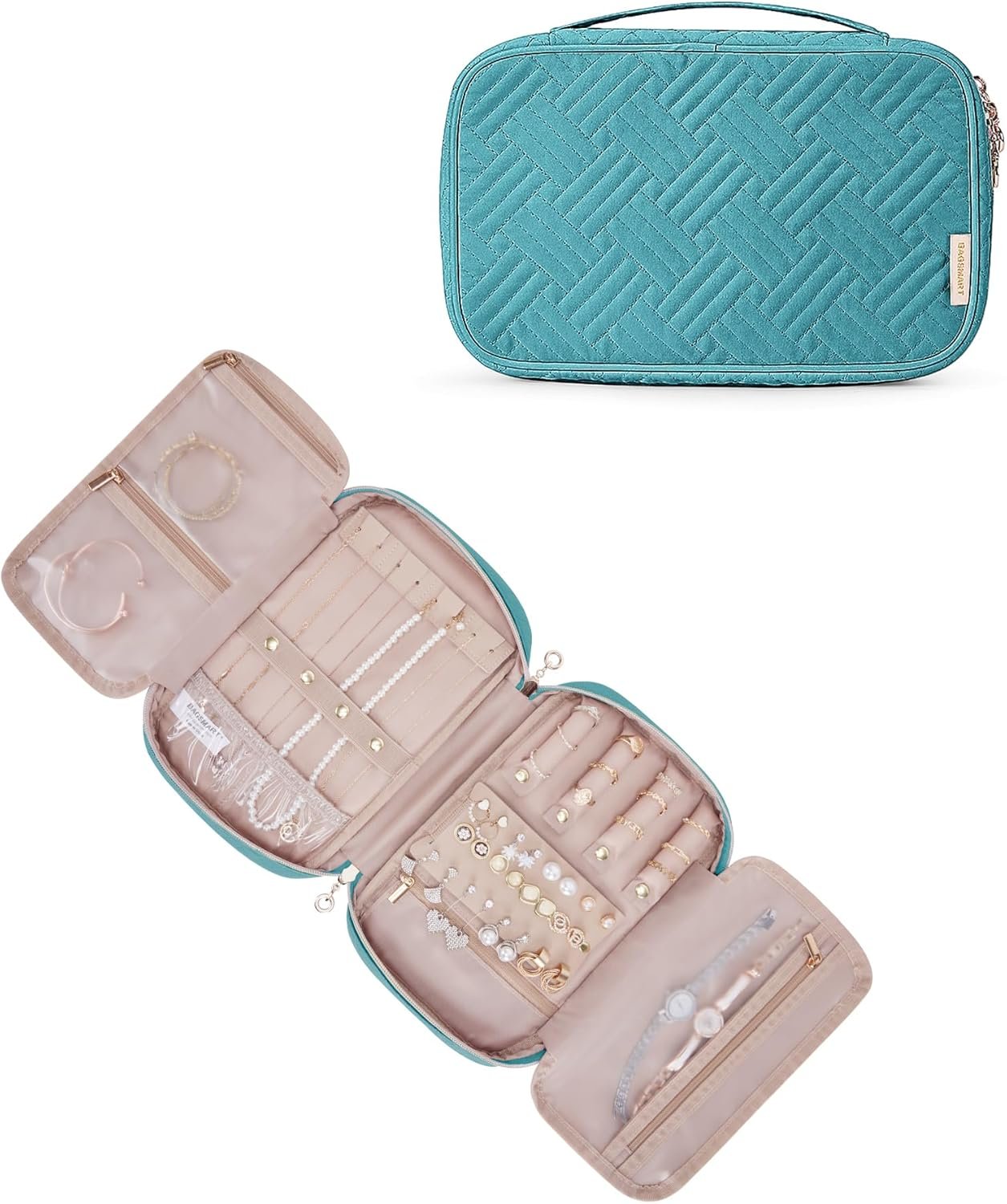 Private Label Travel Jewelry Case Women's Zipper Organizer with Custom Logo Storage Pouch for Roll Necklaces Rings Stud Earrings Bracelets Teal Manufacturer