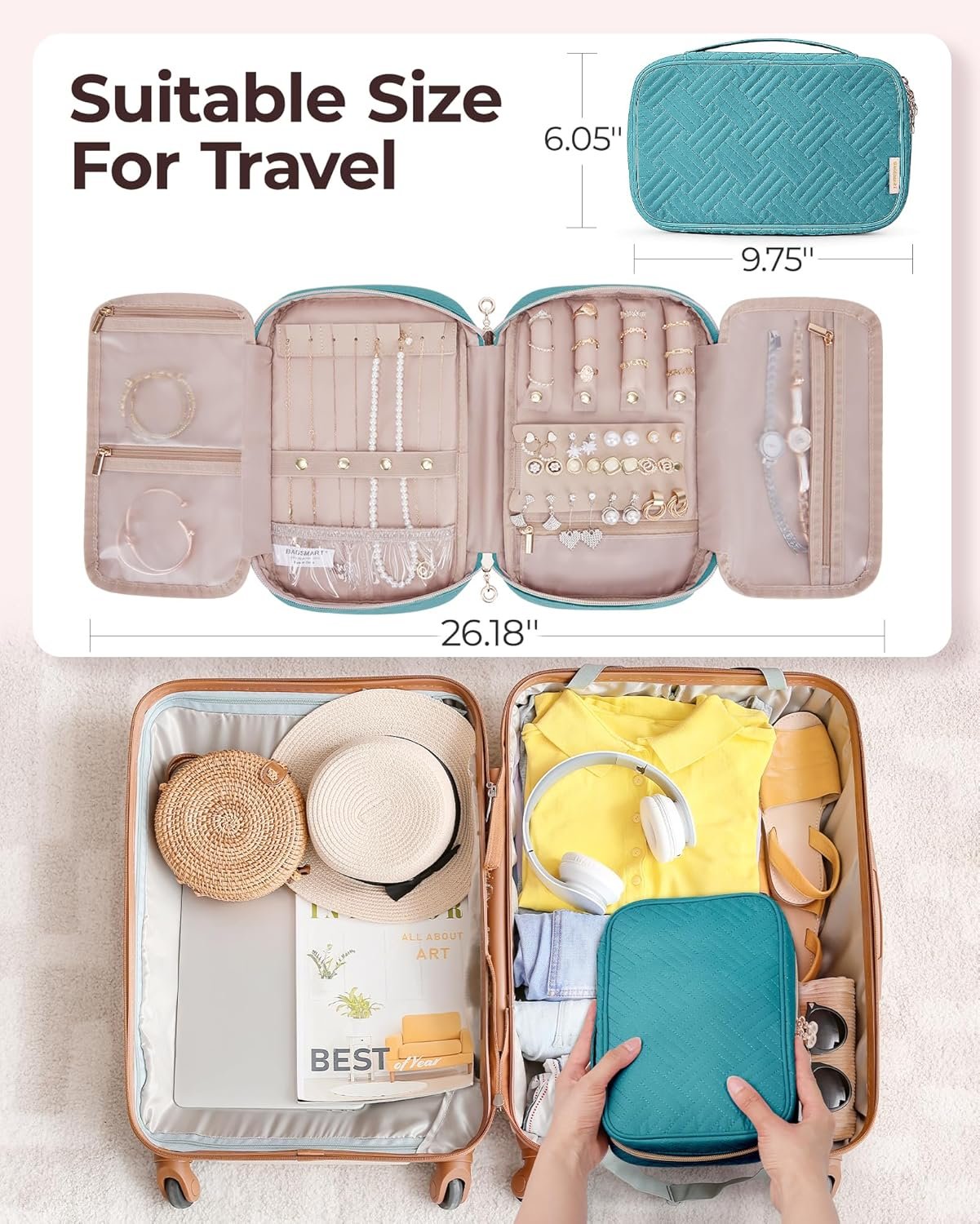 Private Label Travel Jewelry Case Women's Zipper Organizer with Custom Logo Storage Pouch for Roll Necklaces Rings Stud Earrings Bracelets Teal Manufacturer