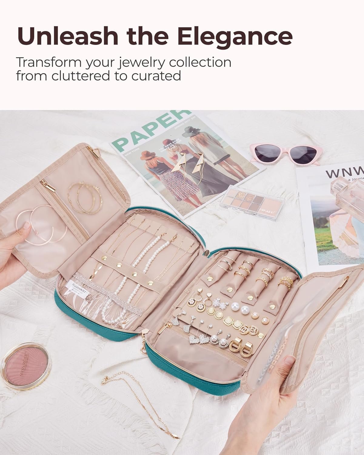 Private Label Travel Jewelry Case Women's Zipper Organizer with Custom Logo Storage Pouch for Roll Necklaces Rings Stud Earrings Bracelets Teal Manufacturer