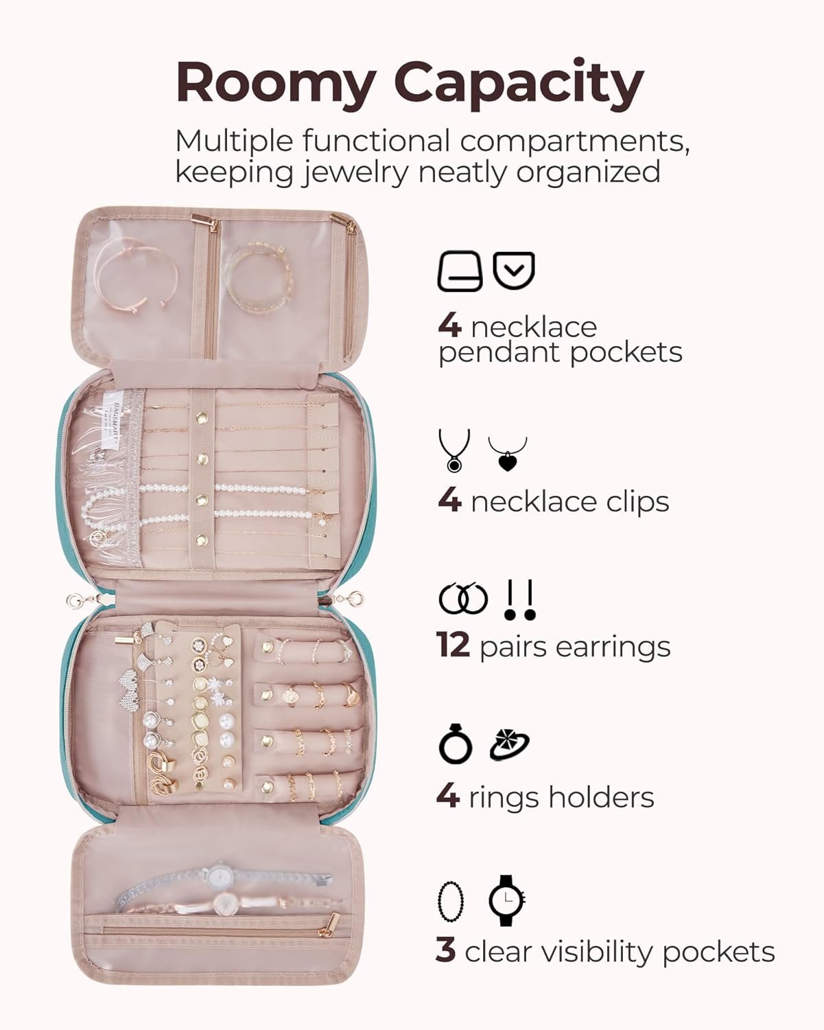 Private Label Travel Jewelry Case Women's Zipper Organizer with Custom Logo Storage Pouch for Roll Necklaces Rings Stud Earrings Bracelets Teal Manufacturer