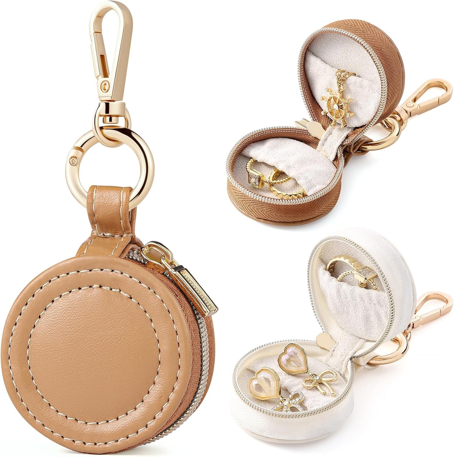 Custom Logo 2 Pcs Small Portable Jewelry Ring Holder Boxes with Keychain Private Label Travel Case for Earrings Studs Necklaces Rings Storage Supplier (White+Khaki)