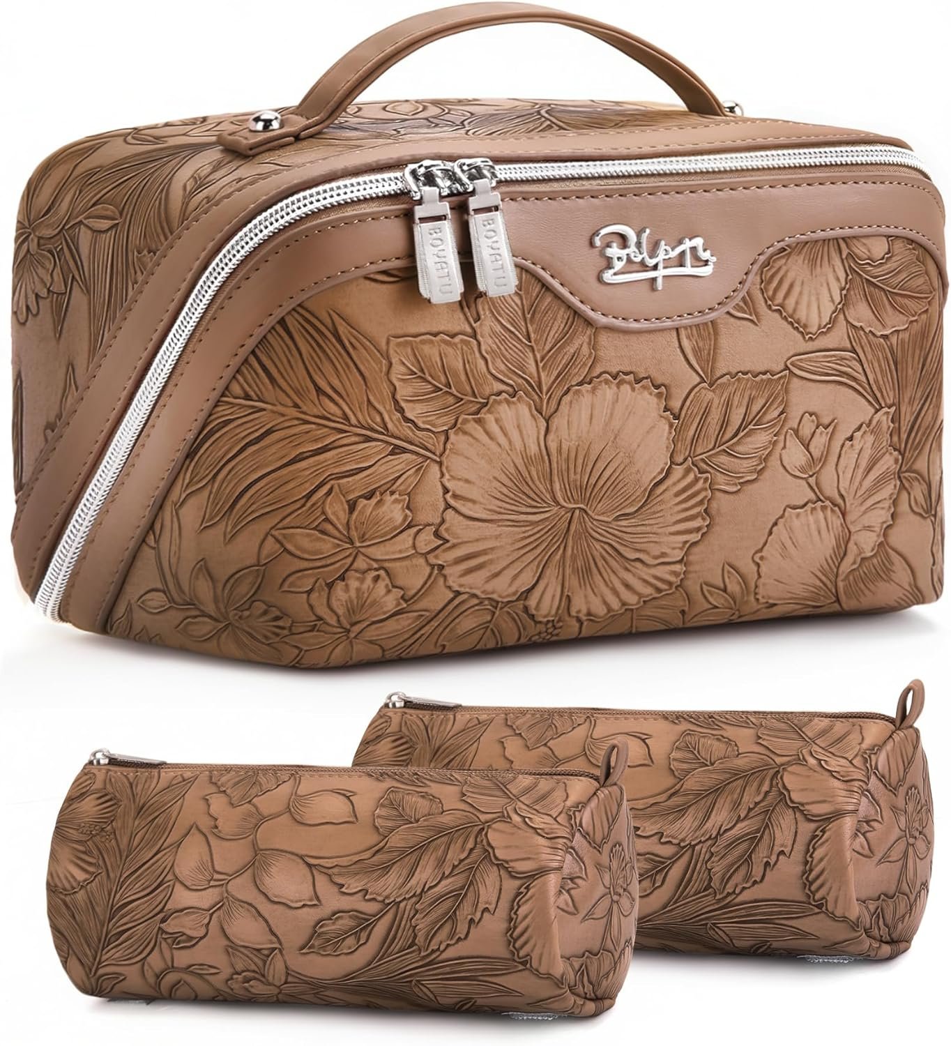 Custom Logo 3-Set Large Capacity Travel Makeup Cosmetic Organizer PU Leather Toiletry Bags for Women - Private Label Wide Open Portable Pouch with Divider & Handle from Supplier (01-Z-Brown)