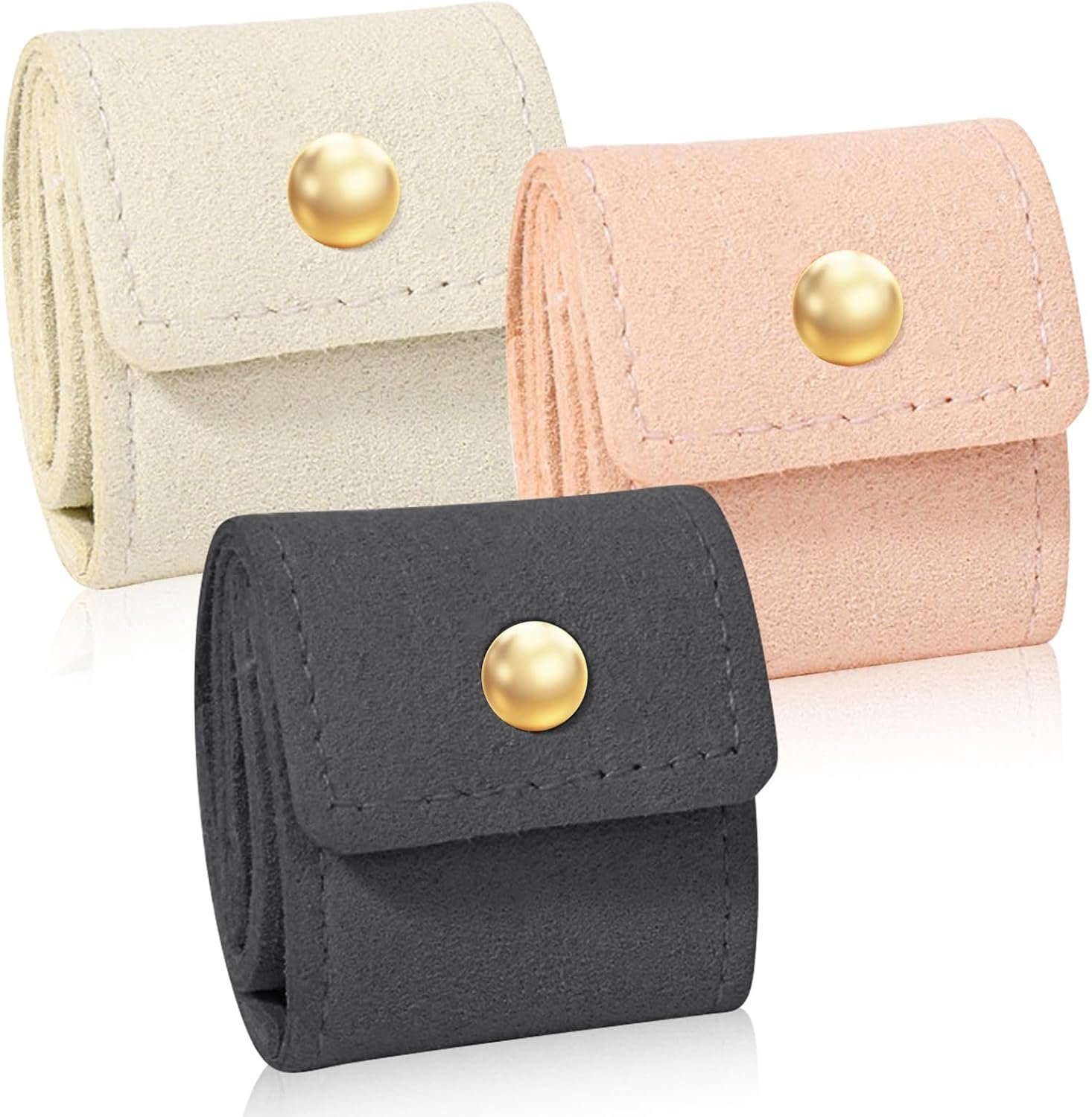 Custom Logo 3Pcs Mini Leather Travel Jewelry Organizer Foldable Pouch for Necklaces Rings Earrings Private Label Compact Case with Buckle Women Travel Accessories Manufacturer Beige Pink Gray