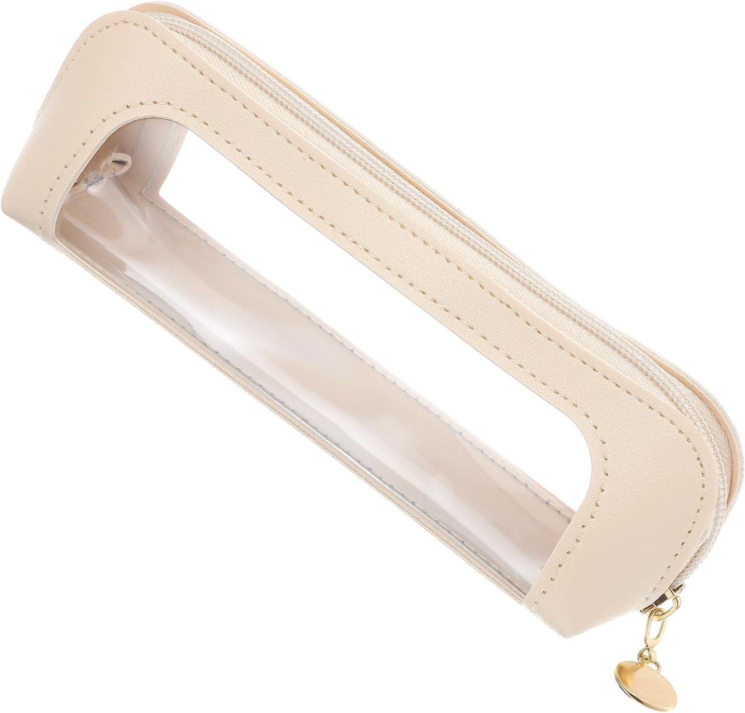 Custom Logo Clear Makeup Bag Portable Transparent Cosmetic Organizer, Private Label PU Leather Makeup Brush Holder Waterproof Travel Toiletry Pouch Zipper Slim Case for Women Home Office Travel Beige Factory