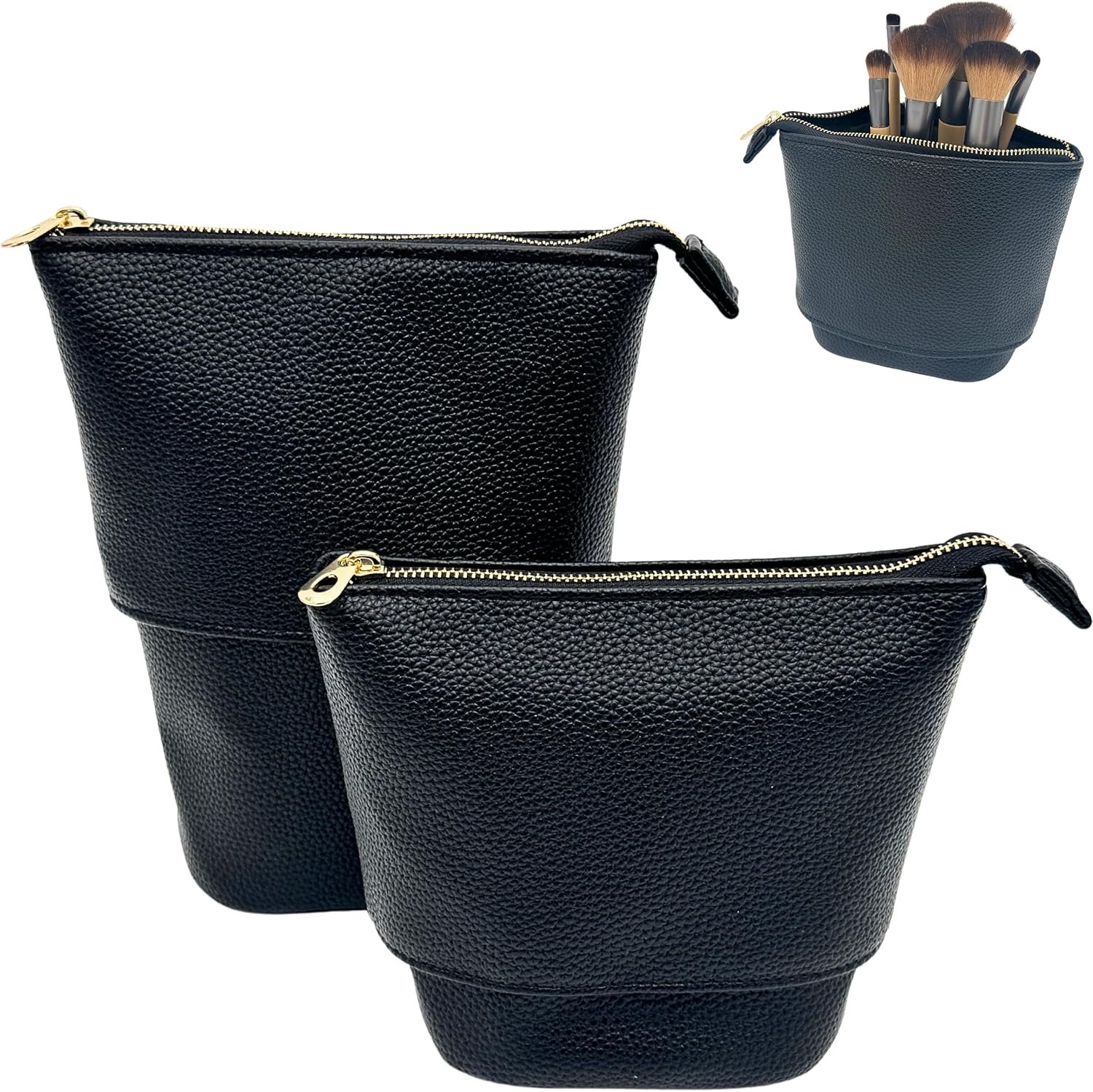 Custom Logo Convertible Travel Makeup Brush Bag, Private Label Stand-Up Brush Holder Pouch for Easy Access, Cosmetic Case Organizer Supplier (BLACK)